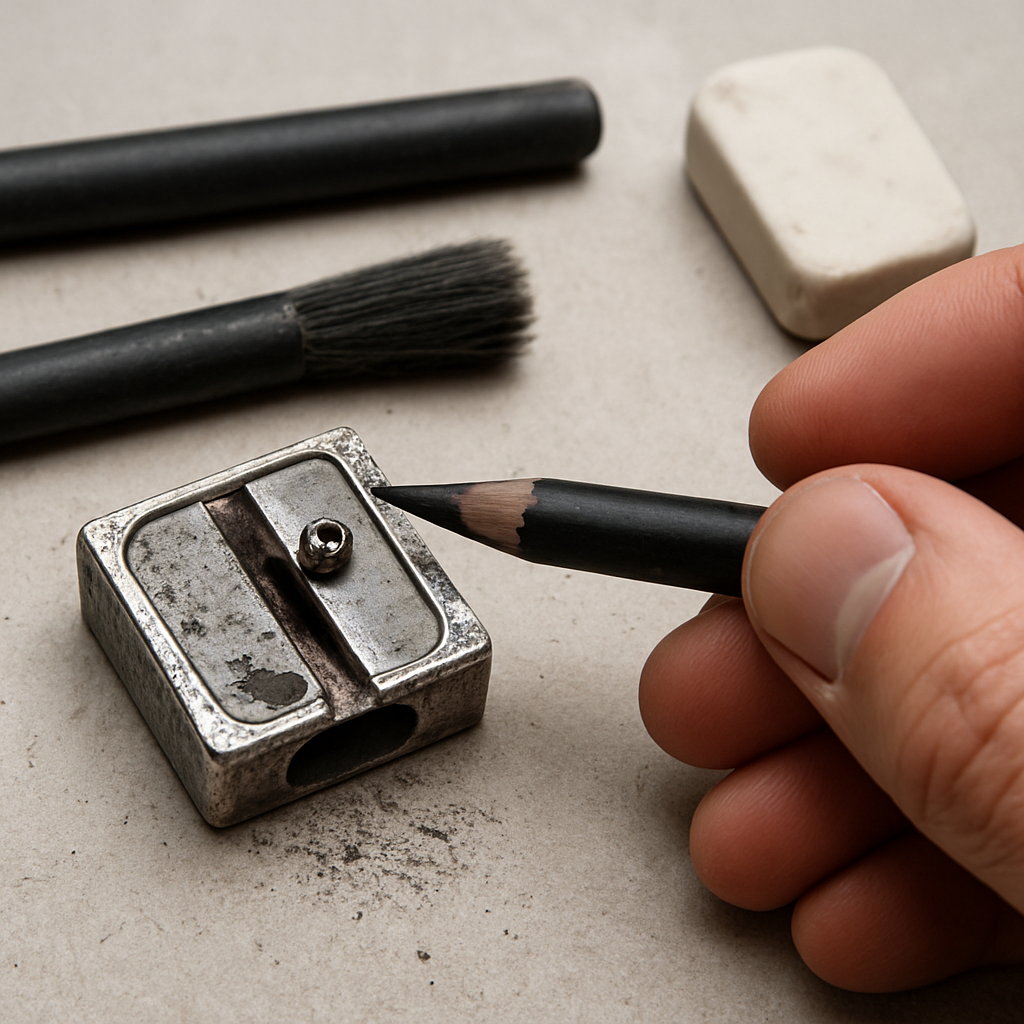 A close‑up of a hand holding a charcoal pencil next to a metal handheld sharpener with a medium slot, soft brush and eraser nearby. Alt: charcoal pencil sharpening tools for artists.