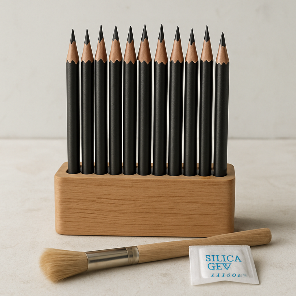 A neatly arranged set of sharpened charcoal pencils standing tip‑up in a wooden holder, with a soft brush and silica‑gel packet nearby. Alt: Properly maintained charcoal pencils storage and care.