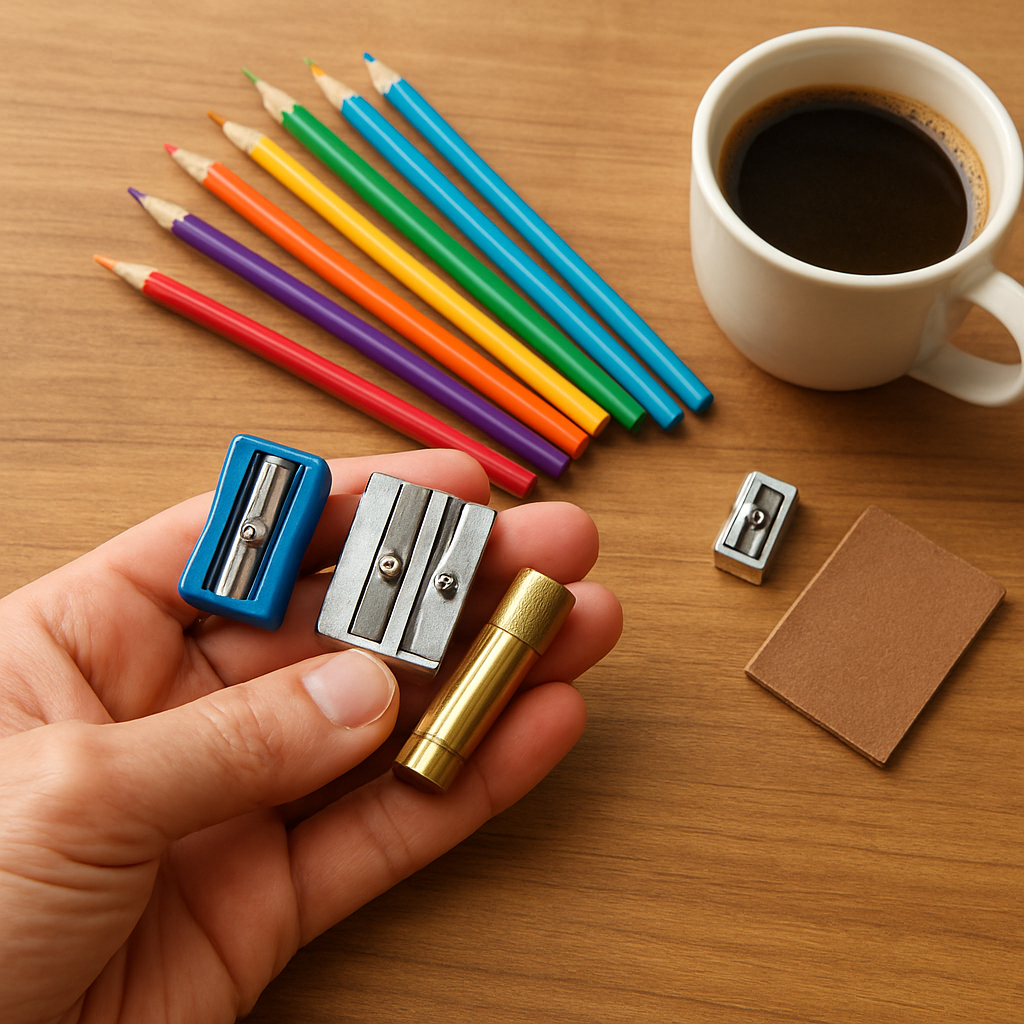 A hand holding a set of colored pencil sharpening tools on a wooden desk, with pencils, a sharpener, sandpaper, and a cup of coffee. Alt: gathering tools for sharpening colored pencils