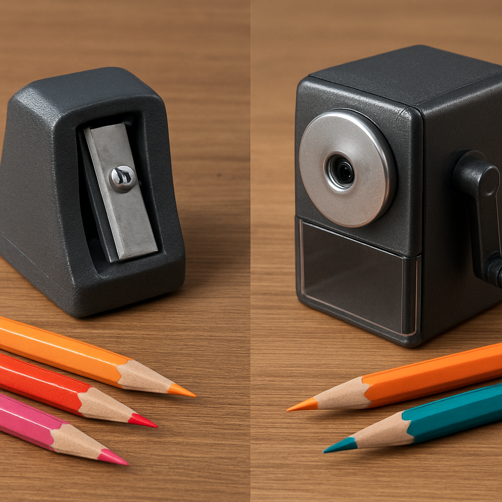A side‑by‑side comparison of a handheld blade sharpener and a desktop mechanical crank sharpener, both with freshly sharpened colored pencils resting nearby. Alt: Blade vs mechanical pencil sharpeners for colored pencils
