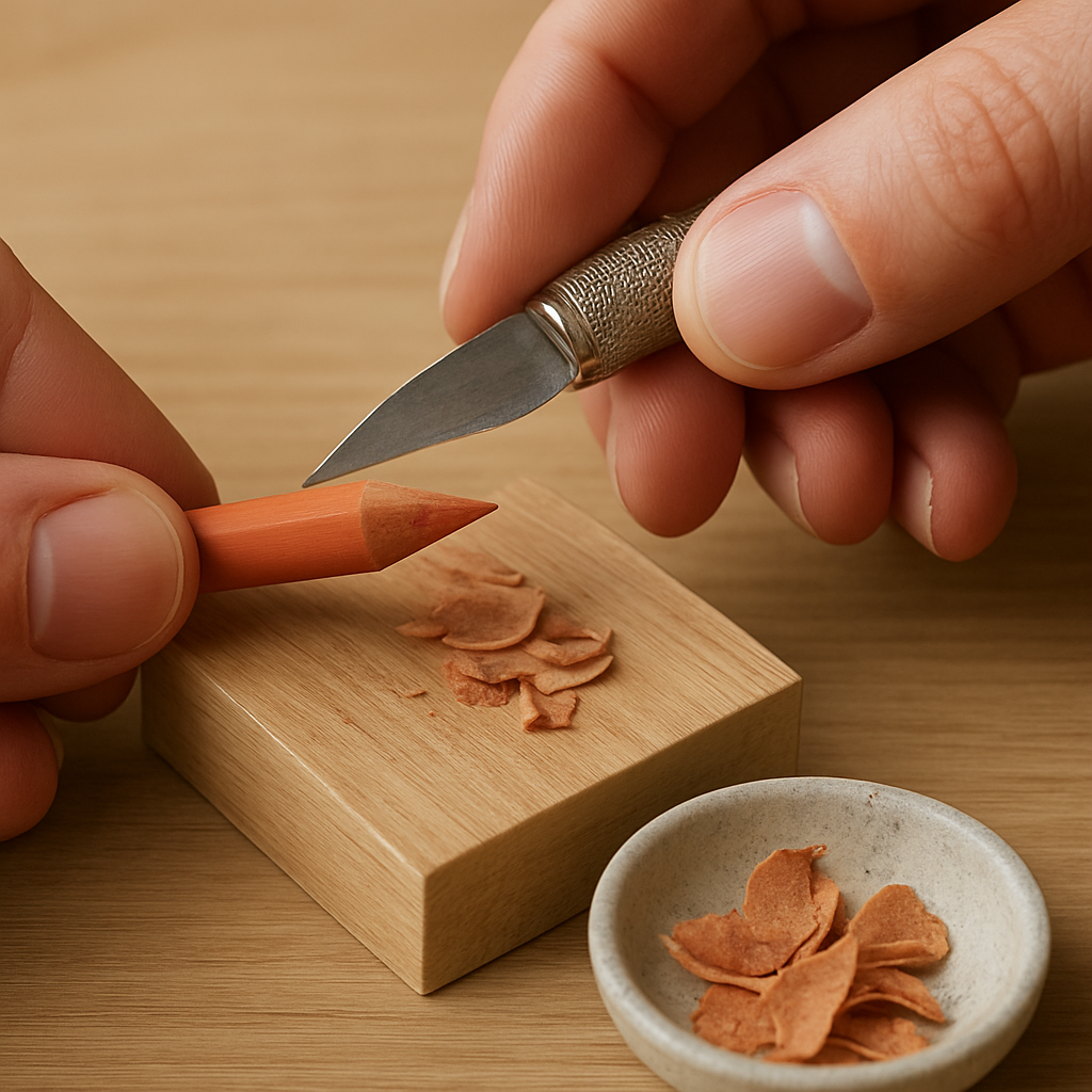 A close‑up of a hand sharpening a pastel pencil with a craft knife on a wooden block, showing the tip being rotated and the wood shavings falling into a small container. Alt: How to sharpen pastel pencils with a knife for precise points.