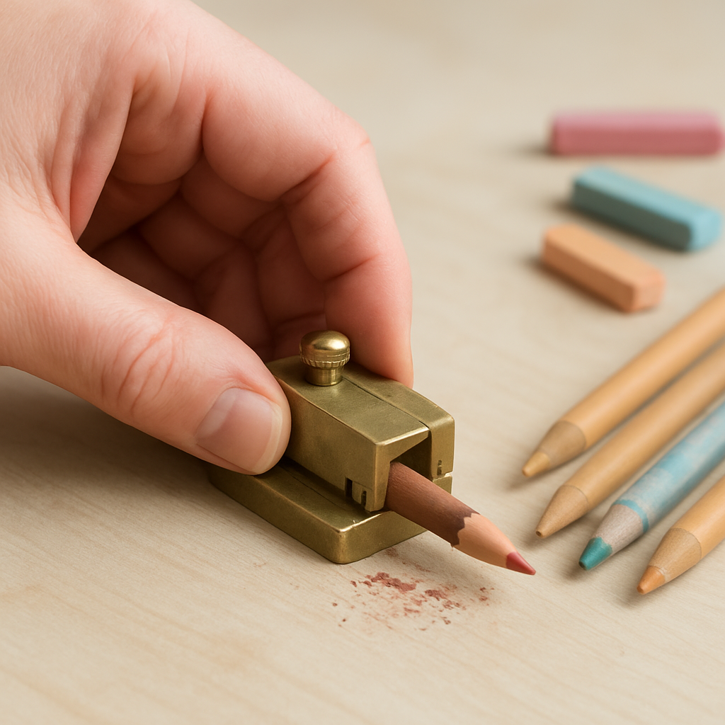 Close‑up of a hand using a brass sharpening jig on a pastel pencil, with a soft pastel core visible and a tidy work surface. Alt: Using a sharpening jig for pastel pencils
