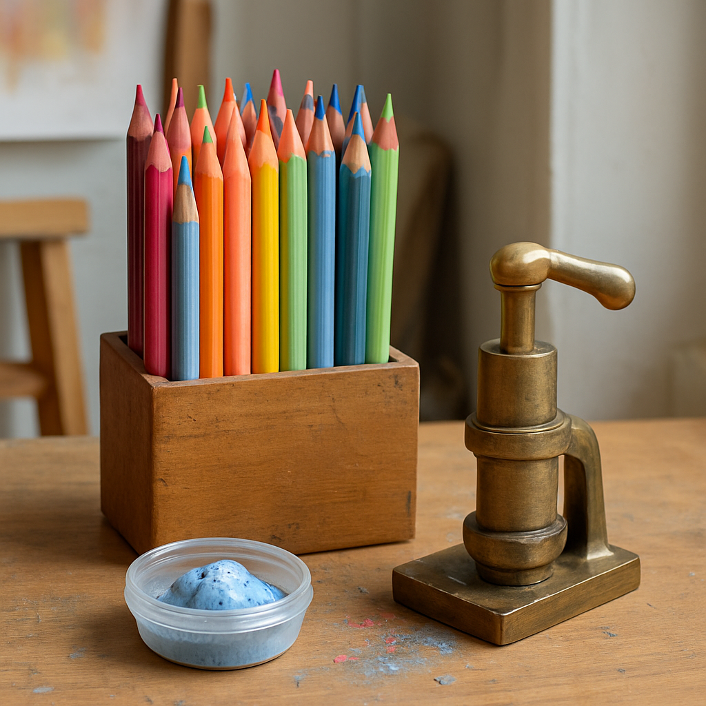 An Indian art studio corner with pastel pencils standing upright in a wooden holder, a brass sharpening jig nearby, and a small container of blu‑tac catching pastel dust. Alt: Troubleshooting pastel pencil sharpening issues in a bright studio.