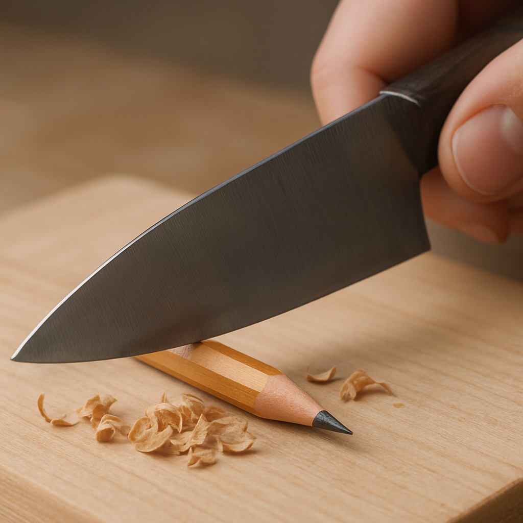 A photorealistic close‑up of a hand holding a kitchen chef’s knife slicing the wooden barrel of a graphite pencil at a 35° angle on a cutting board, soft studio lighting, realistic texture of wood shavings, alt: how to sharpen pencils with a knife