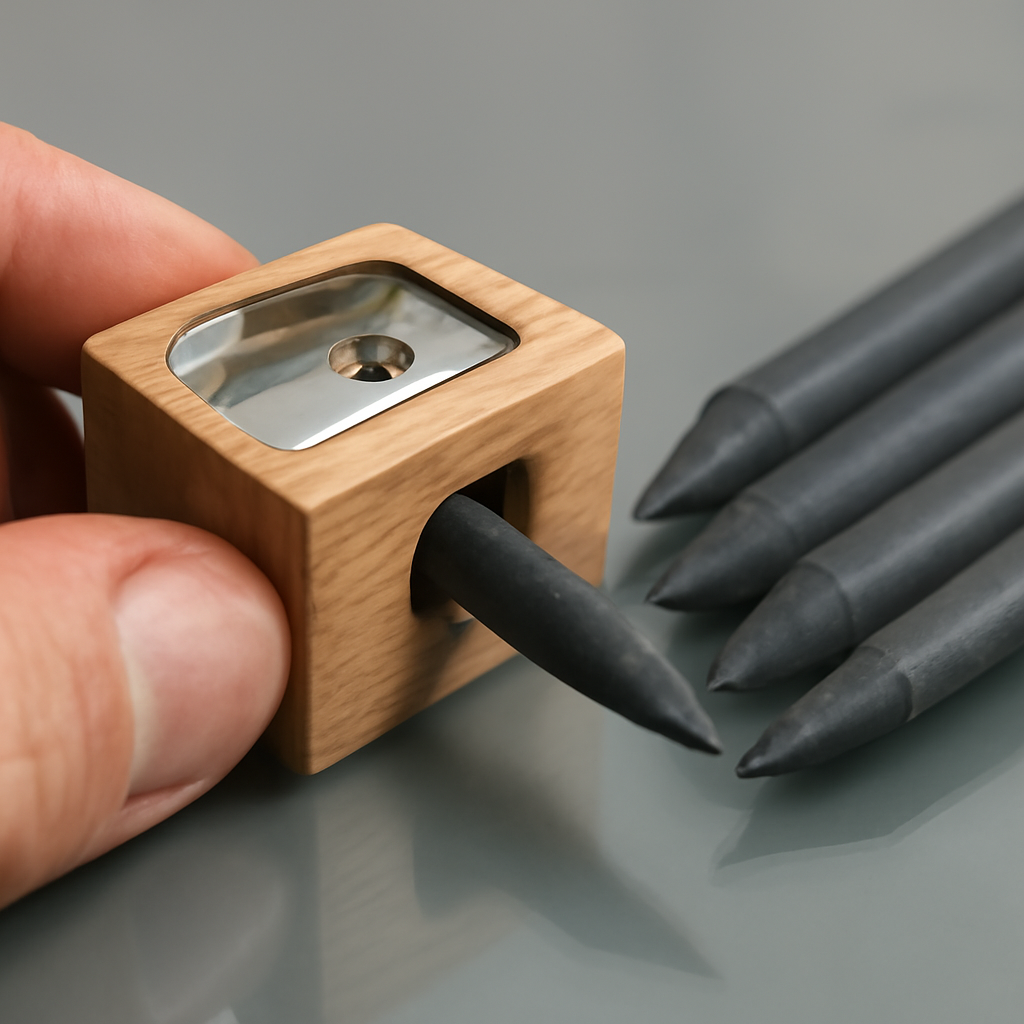 A hand holding a wooden pencil sharpener next to a stack of woodless graphite pencils on a glass surface. Alt: Close‑up of a manual pencil sharpener with a fine blade sharpening woodless graphite pencils.