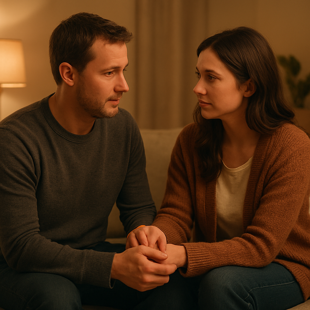 A cozy living room scene where a couple sits on a couch, one partner gently holding the other's hand while they talk, soft lighting emphasizes emotional intimacy. Alt: Couple validating each other's feelings in a warm setting.