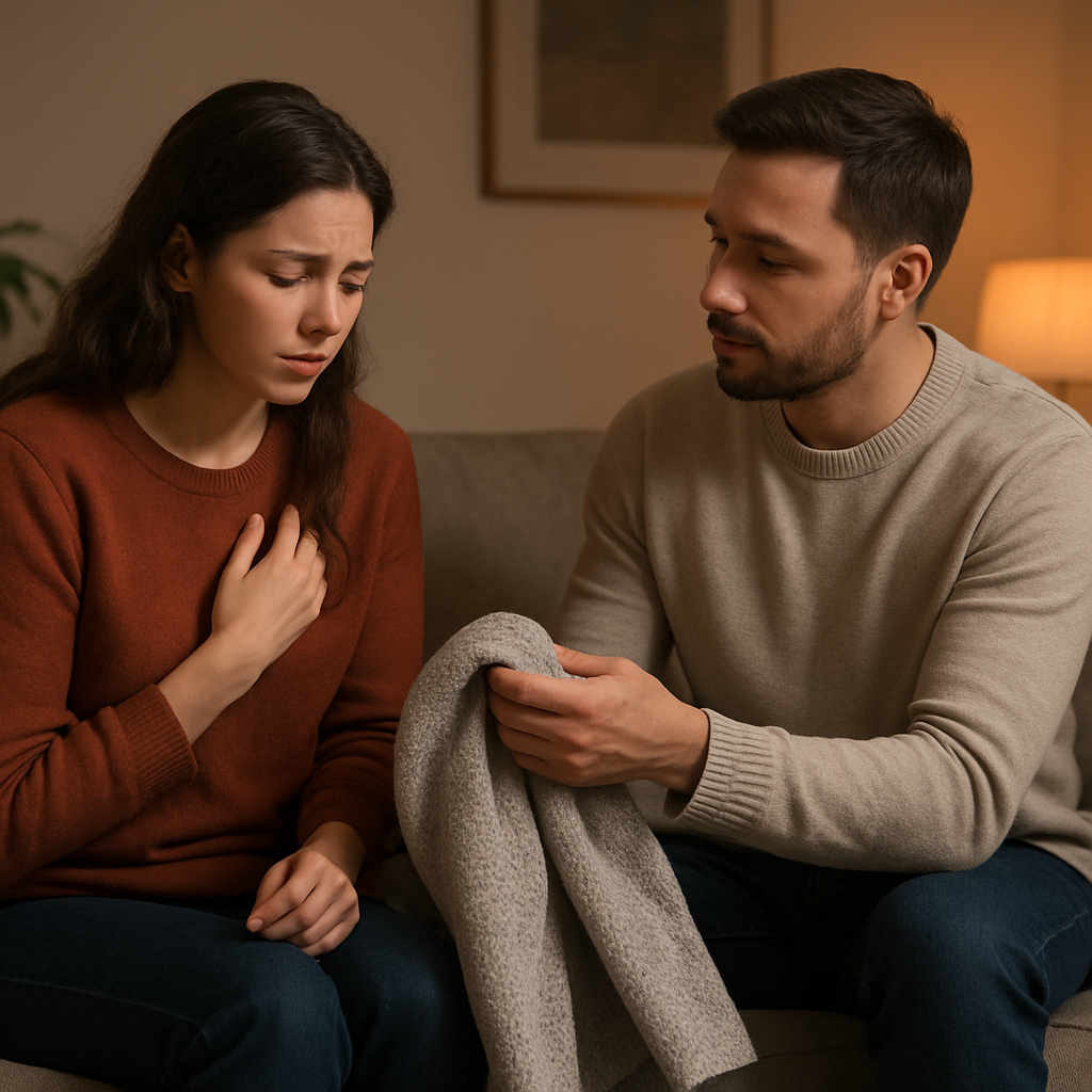 A couple sitting on a couch, one partner gently offering a warm blanket while the other shares their feelings, soft lighting emphasizes supportive actions. Alt: Supportive actions in a relationship to show empathy.