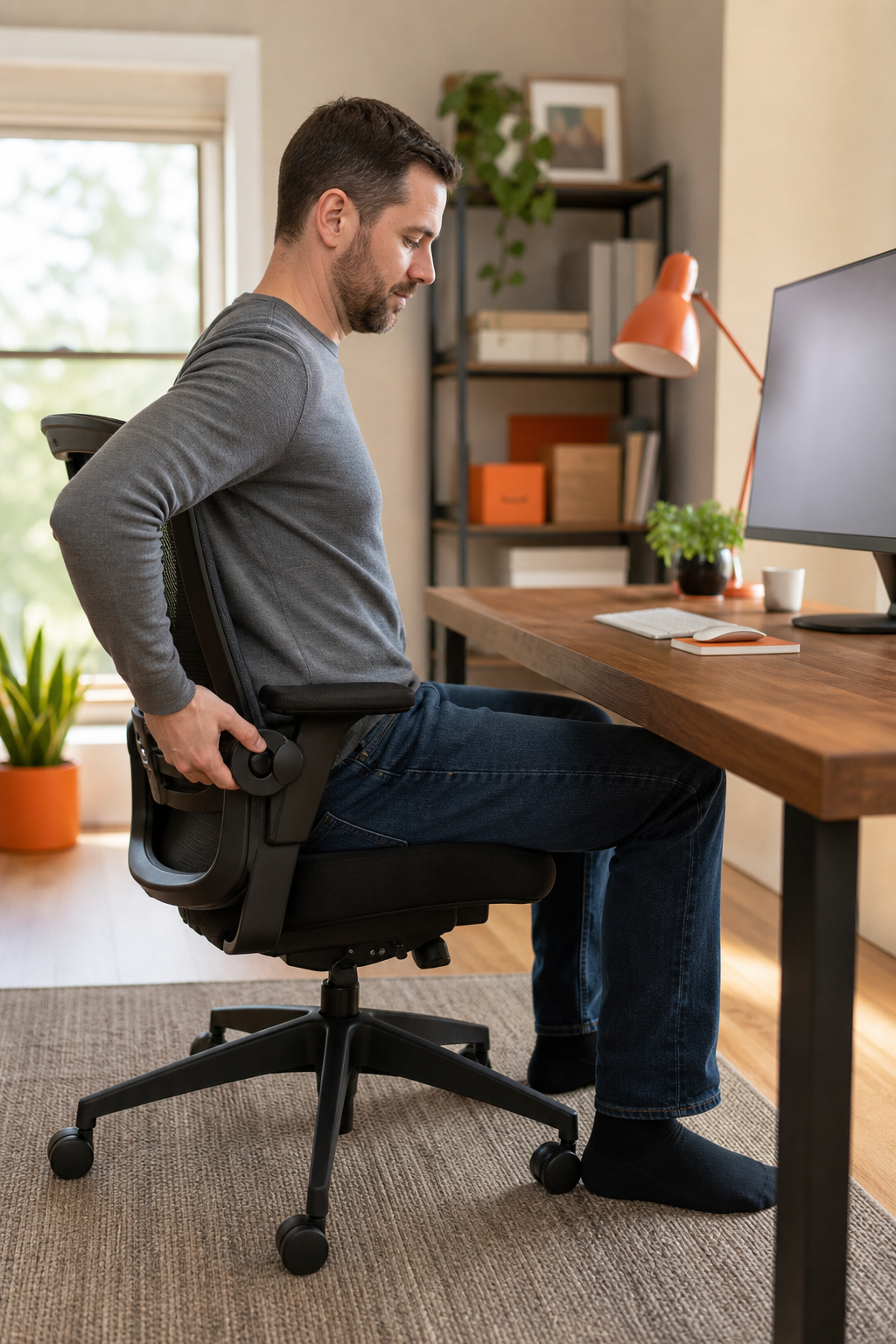 Realism style, an adult in a home office adjusting a supportive chair for lower back comfort, feet on the floor and screen at eye level, warm natural light, no visible logos or contact details. Alt: person adjusting office chair for lower back pain