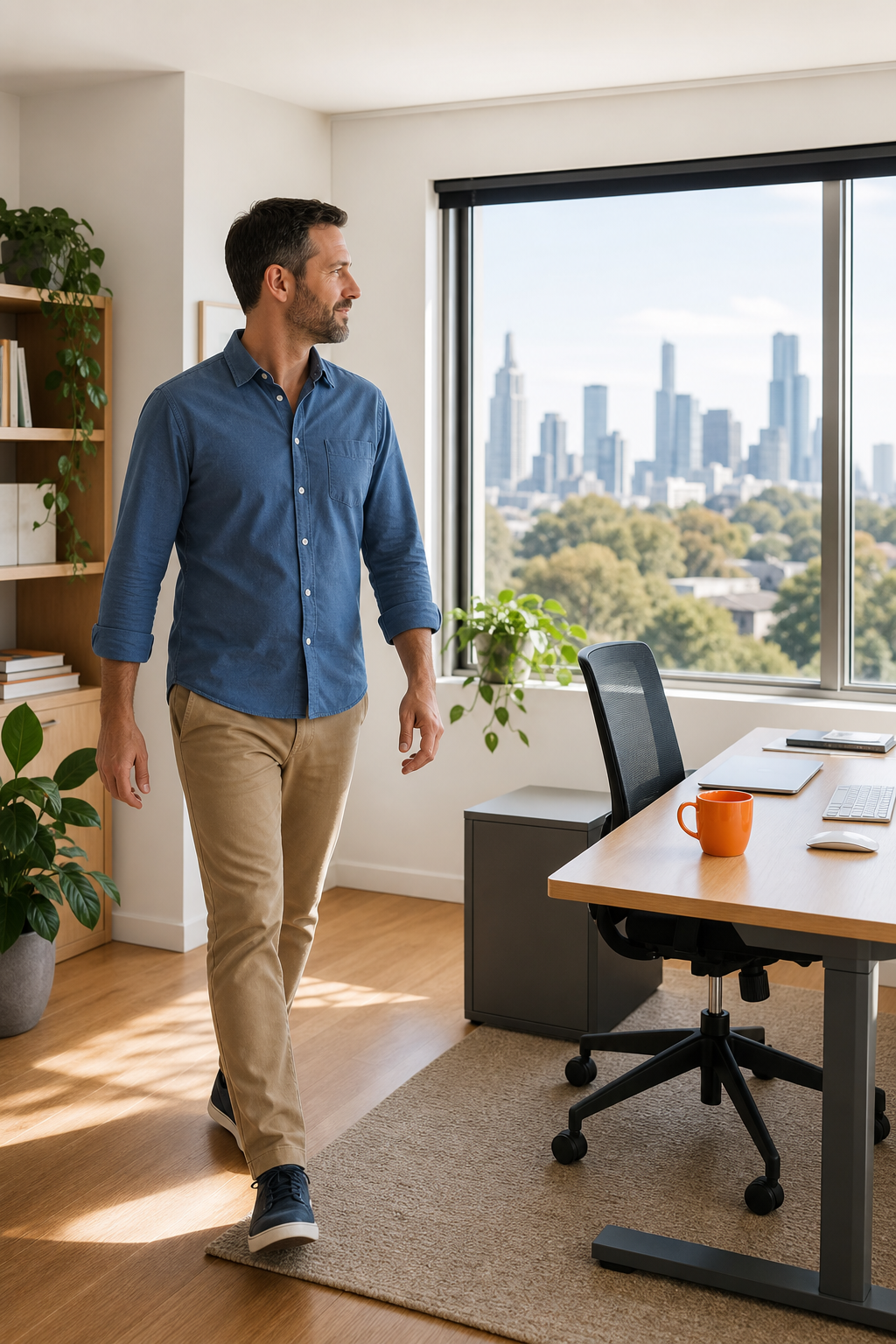 Realism style, an adult taking a short walking break beside a desk in a bright Melbourne home office, natural movement and relaxed posture, no visible logos, signs, phone numbers or contact details. Alt: walking break to reduce lower back pain from sitting