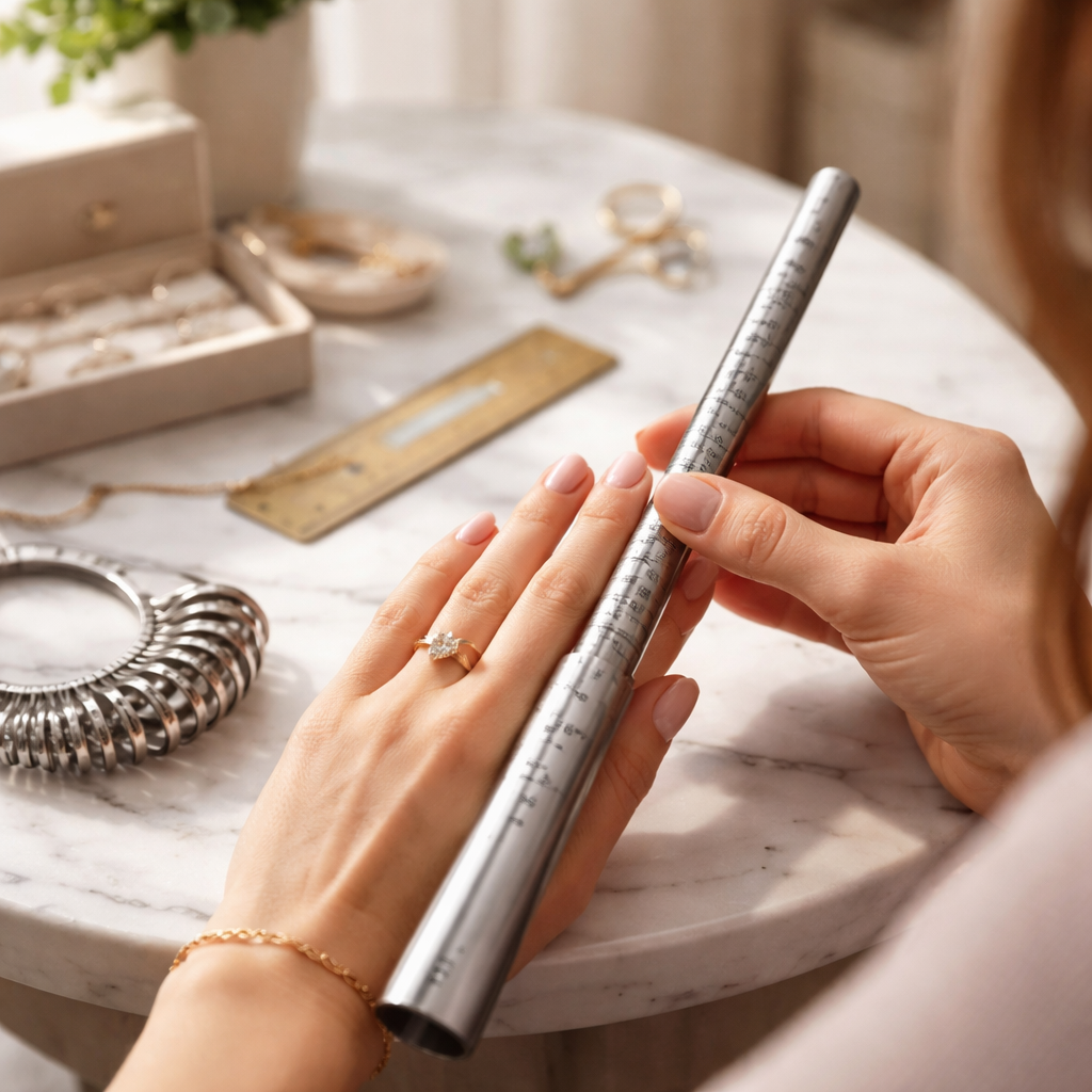 A photorealistic scene of a woman adjusting a ring on her finger with a ring sizer and ruler, Swiss-inspired fine jewellery setting, natural lighting. Alt: How to size a ring accurately – adjusting fit.