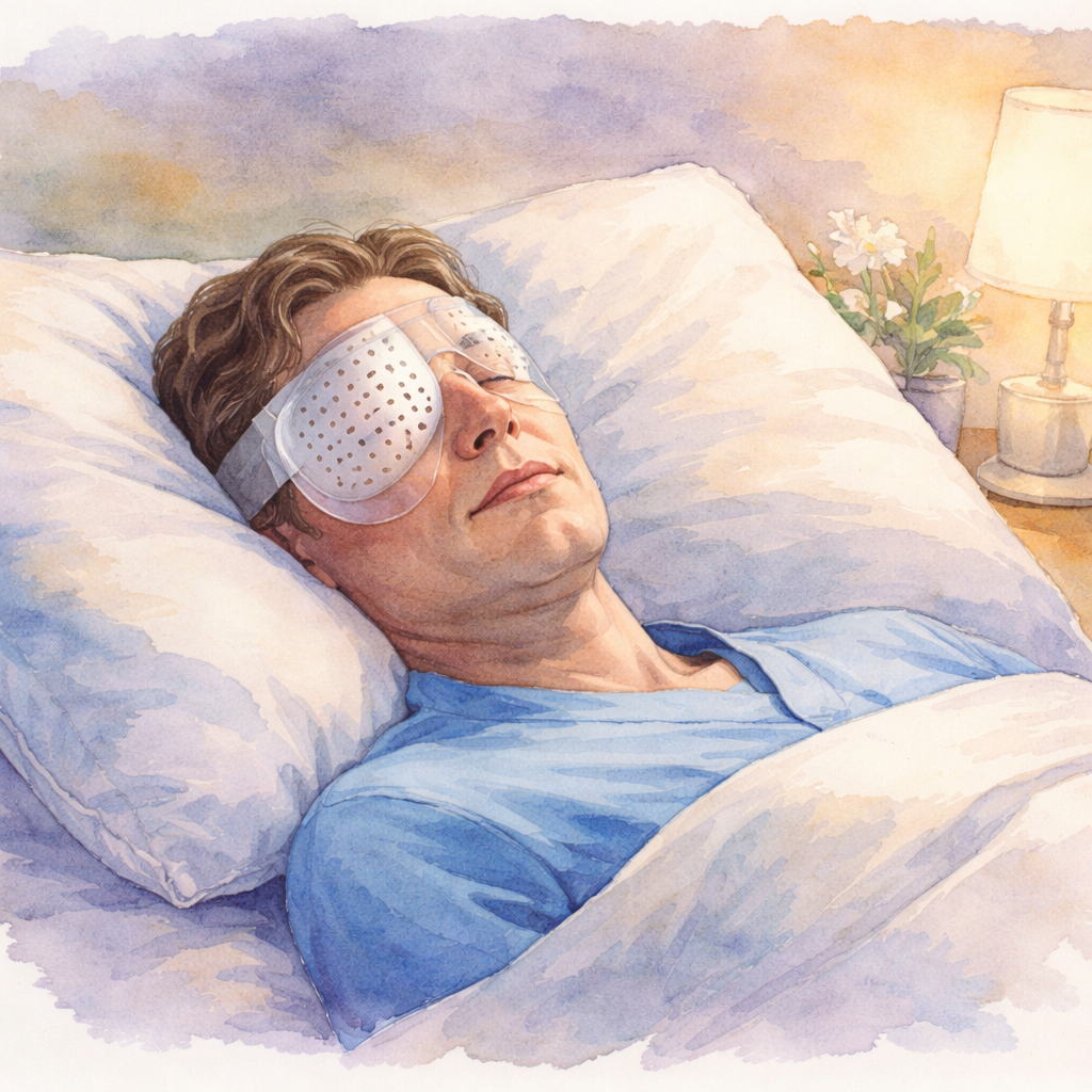A watercolor painting of a patient lying on a supportive pillow, head slightly tilted, eye shield in place, soft night‑light glow, illustrating how to sleep after retinal detachment surgery. Alt: How to sleep after retinal detachment surgery