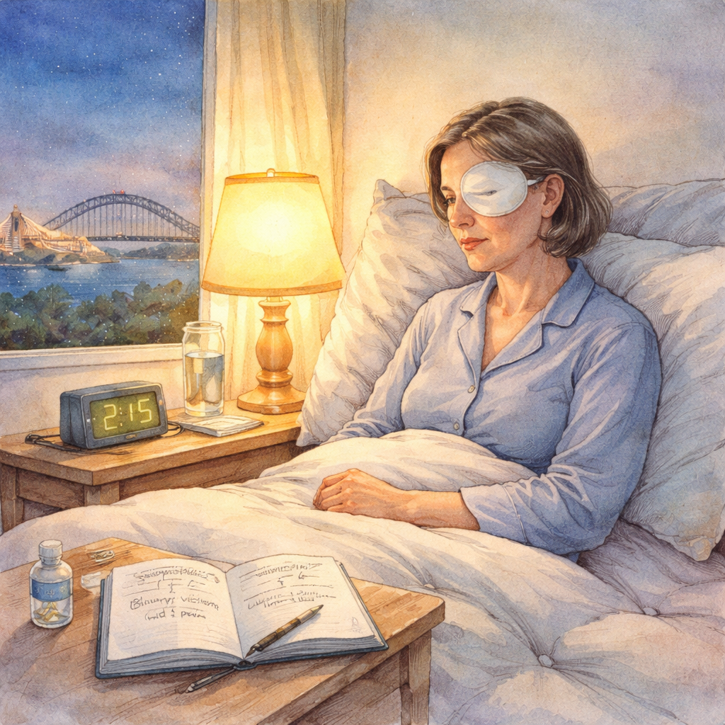 A soft watercolor painting of a bedside scene in a Sydney apartment at night, showing a patient sitting up in bed with a gentle alarm clock glowing, an eye shield on the operated eye, a notebook open with a symptom log entry, and a supportive pillow set‑up behind the head. Alt: How to monitor symptoms and know when to call your surgeon after retinal detachment surgery.