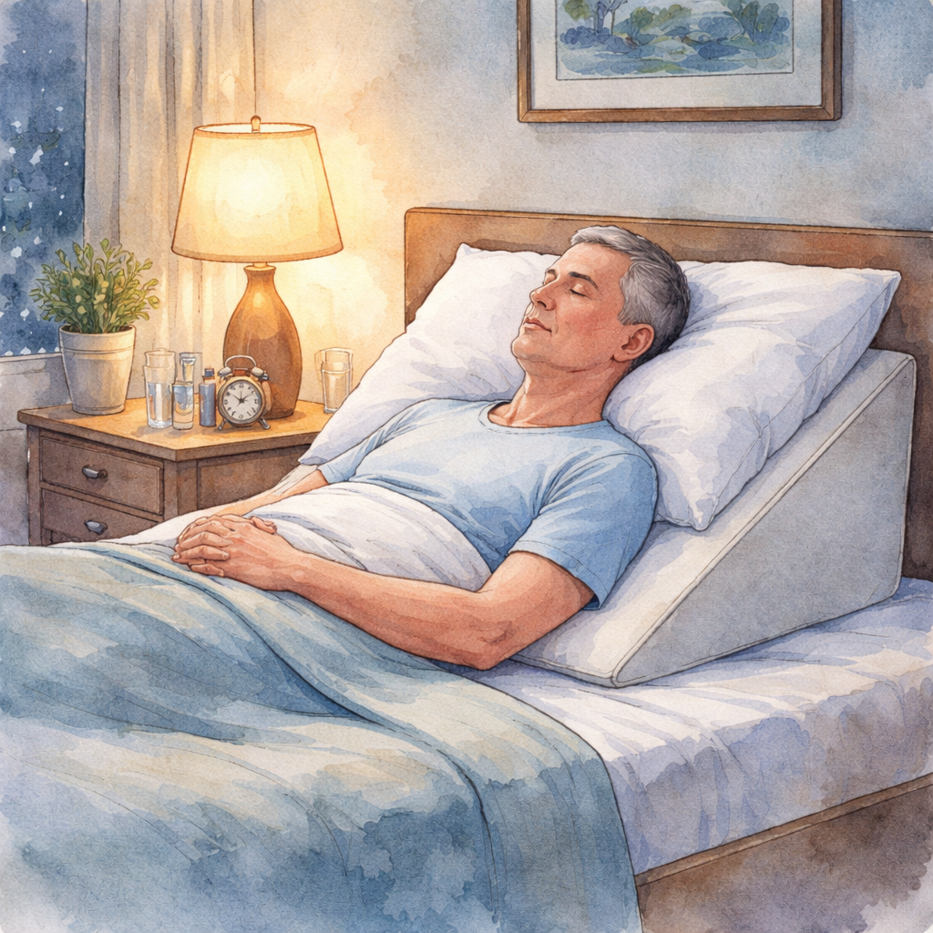 A watercolor illustration of a bedroom at night, showing a patient lying on a wedge pillow with a gentle 30‑45° head tilt, a supportive mattress, and a subtle glow from a bedside lamp. Alt: How to sleep with gas bubble in eye after vitrectomy – proper pillow positioning and comfortable bed setup.