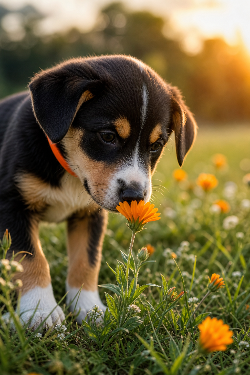 A photorealistic scene of a young puppy sniffing a flower in a grassy field, with soft sunlight and a calm environment. Alt: Puppy exploring nature during socialization window
