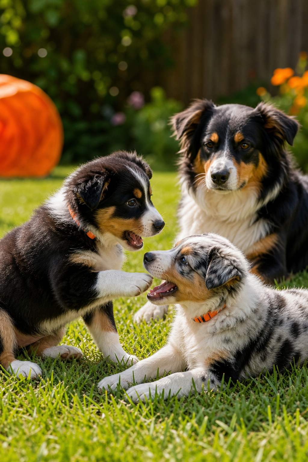 Two puppies playing gently on a grassy lawn with a calm adult dog watching nearby. Alt: Safe puppy socialization with a mentor dog