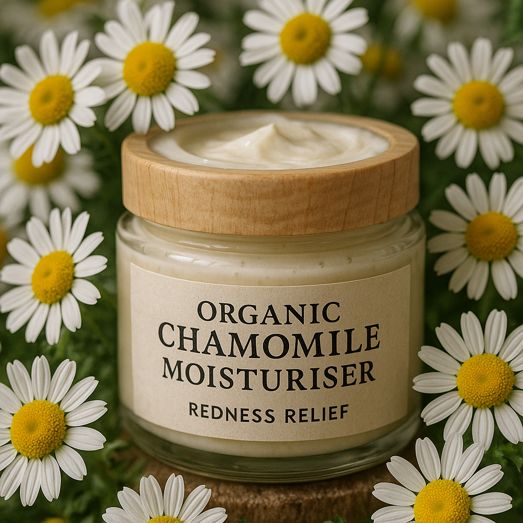 A jar of organic chamomile moisturiser surrounded by fresh chamomile flowers. Alt: Organic chamomile moisturiser for redness relief in an elegant eco-friendly jar.