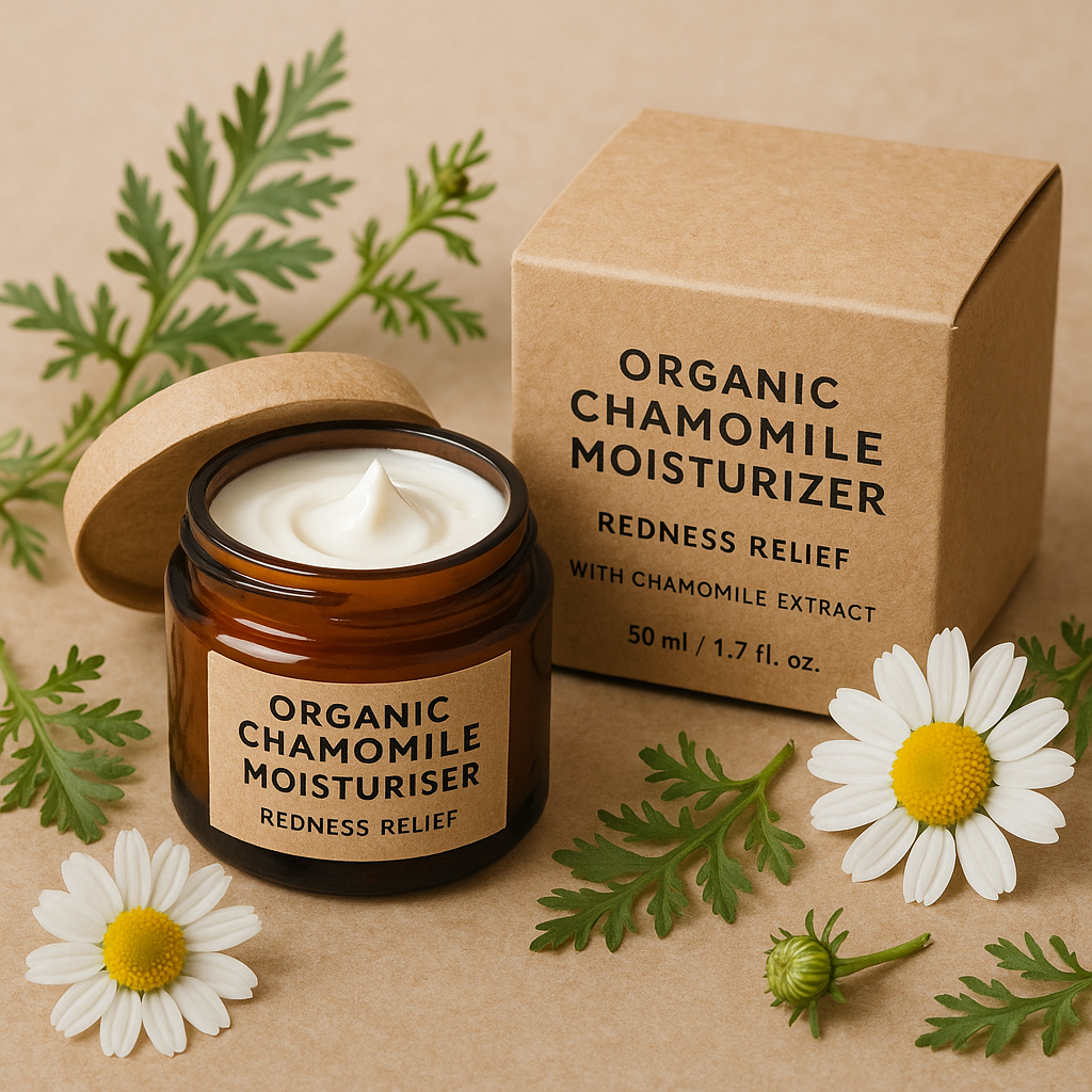 Eco-friendly organic chamomile skincare products with recyclable packaging and fresh botanical elements. Alt: Organic chamomile moisturiser for redness relief with sustainable packaging and natural ingredients.