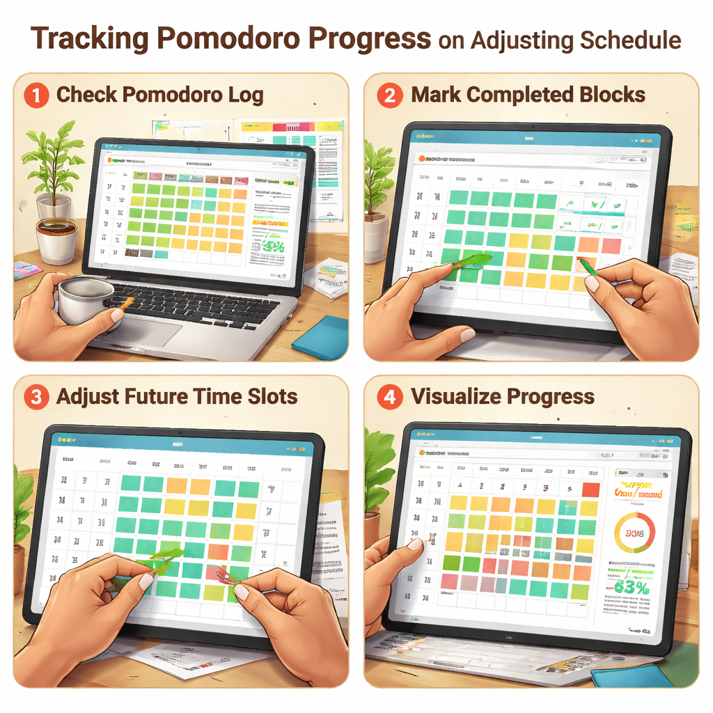 An illustrated workflow showing a user checking a pomodoro log, marking completed blocks, adjusting future time slots, and visualizing progress on a calendar. Alt: Guide on tracking pomodoro progress and adjusting schedule.