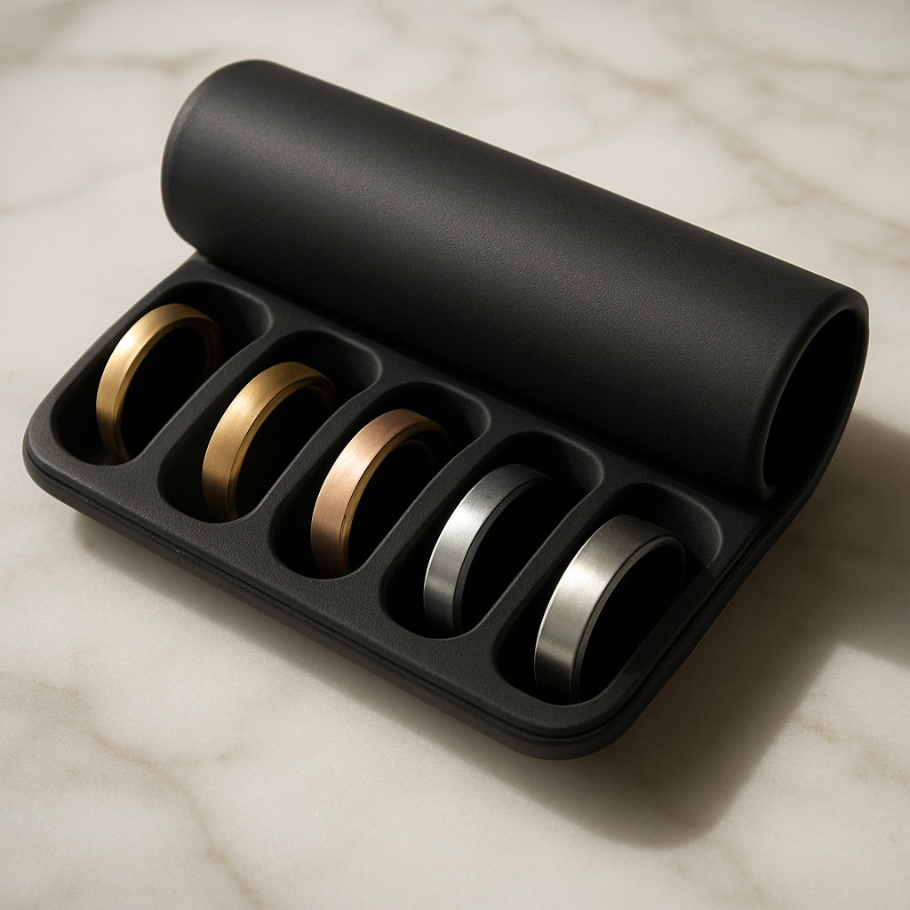 A photorealistic close‑up of a sleek silicone ring roll opened on a marble vanity, each stackable ring nestled in its own slot with a thin washi‑tape spacer visible between two bands, soft natural light highlighting the metal finishes. Alt: How to stack rings without scratching – travel storage kit in realism style.
