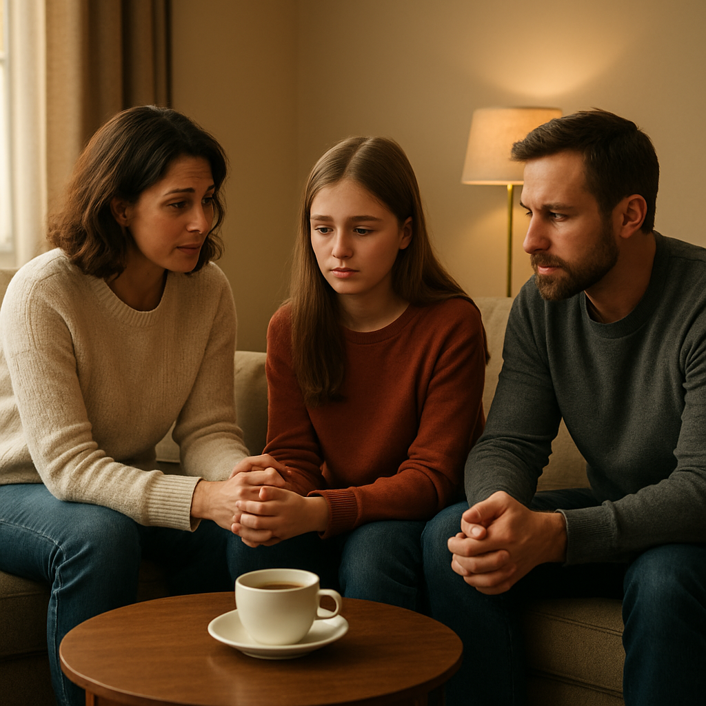 A family sitting in a warmly lit living room with a small table and a single cup of tea, illustrating a calm and inviting setting. Alt: Cozy family intervention space