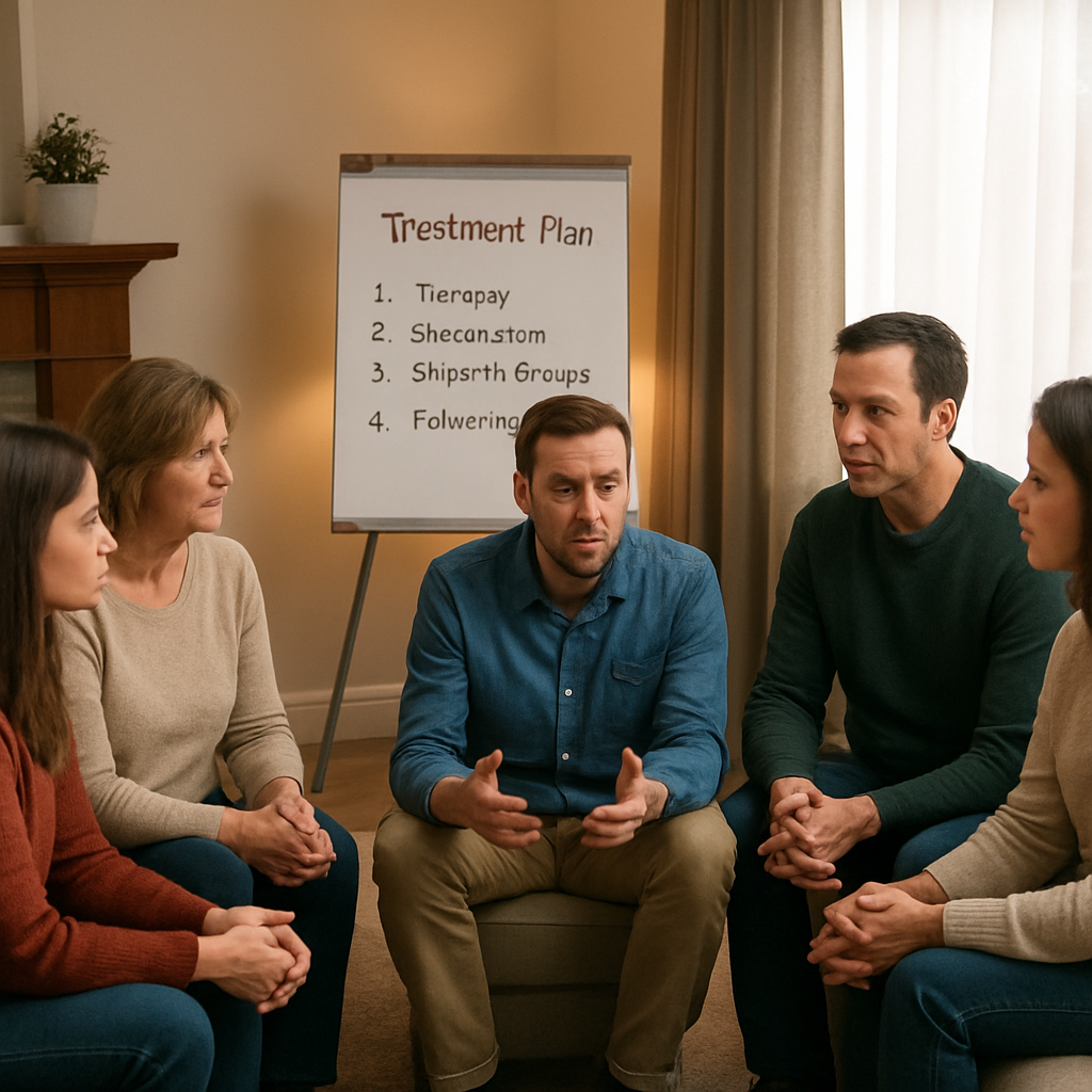 A calm living room with a small circle of people sitting in a semi‑circle, one person speaking while the others listen attentively, soft lighting, a whiteboard with a treatment plan outline. Alt: family conducting an intervention conversation in a cozy home setting.