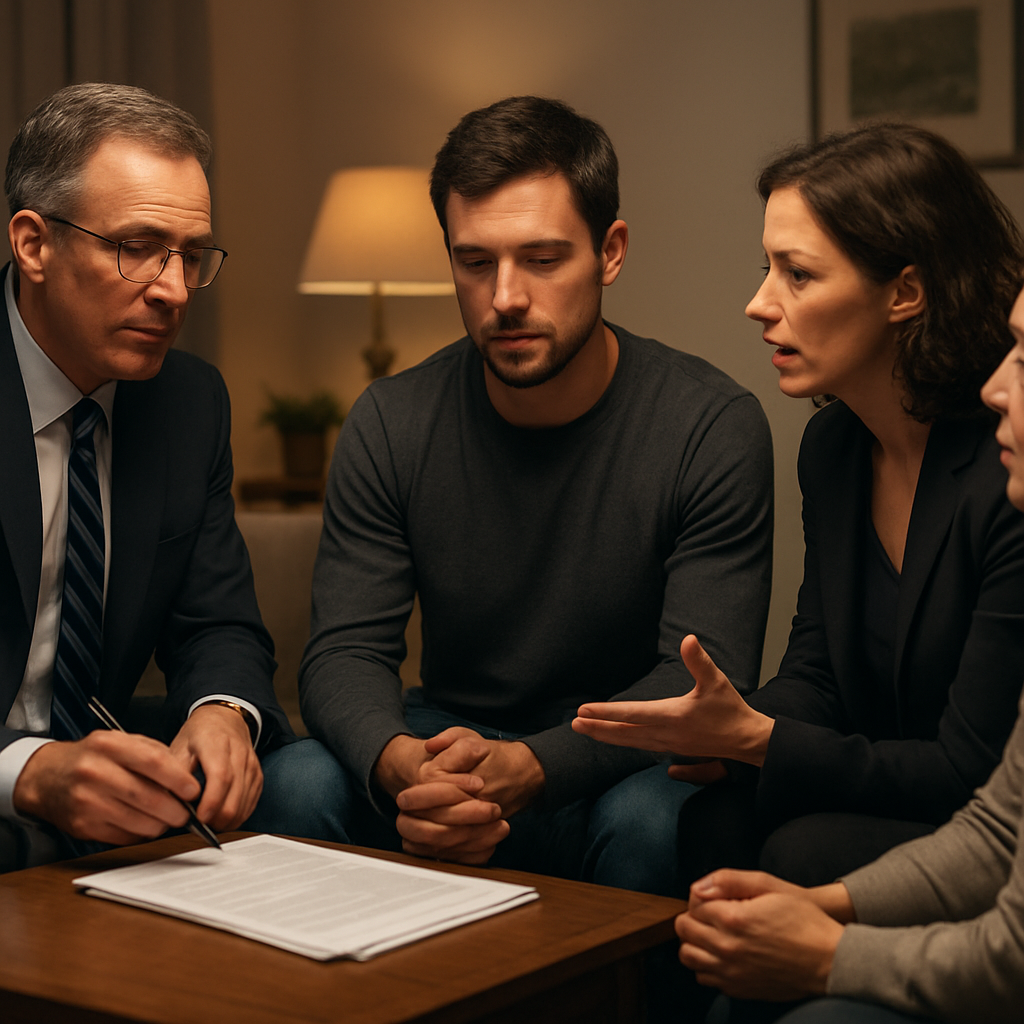 A family gathering in a living room, calm lighting, a lawyer and a counselor sitting across from a sober adult, discussing documents. Alt: Legal and ethical considerations in an intervention.