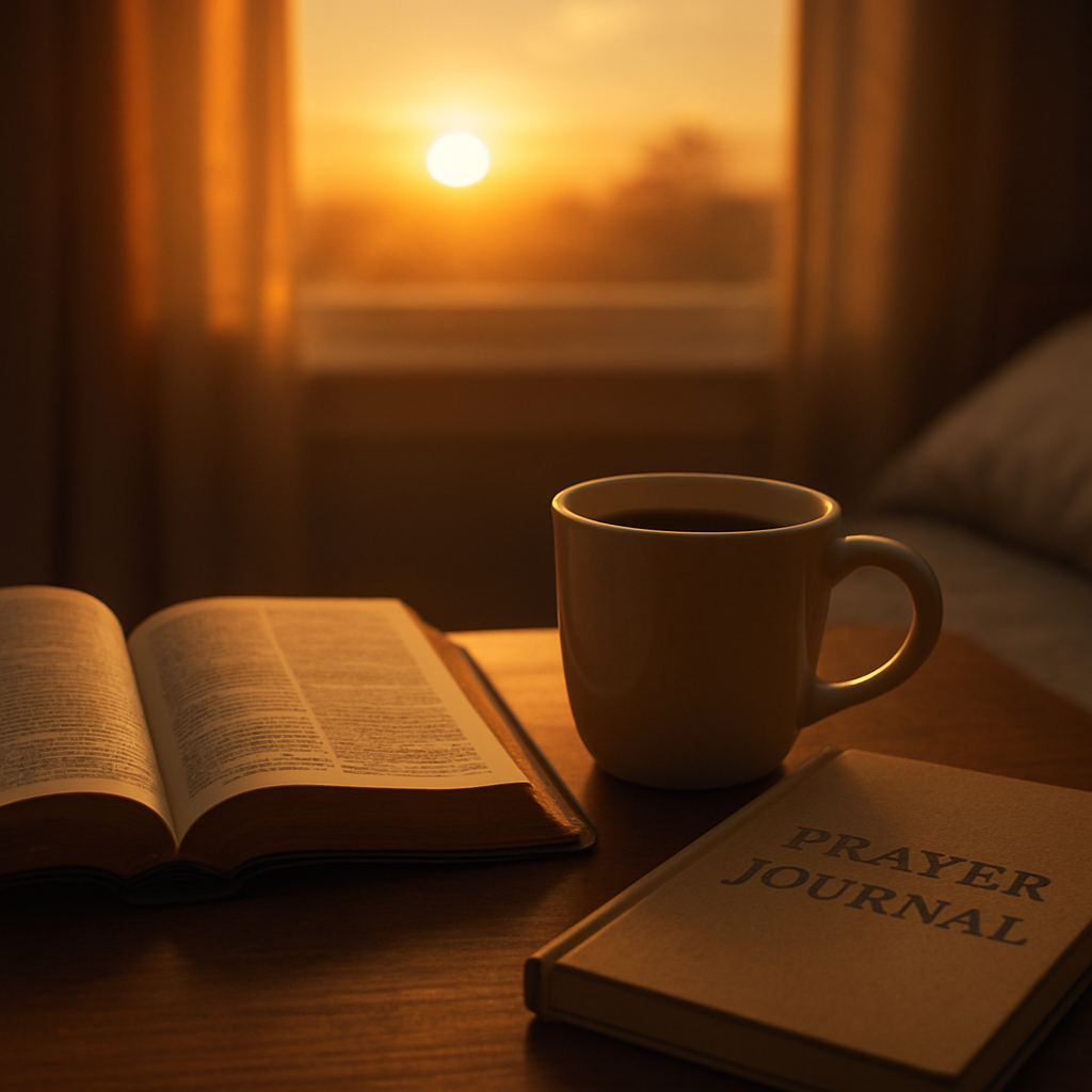 A peaceful sunrise with a Bible, coffee mug, and prayer journal on a nightstand. Alt: Christian morning routine printable PDF with coffee and Bible.