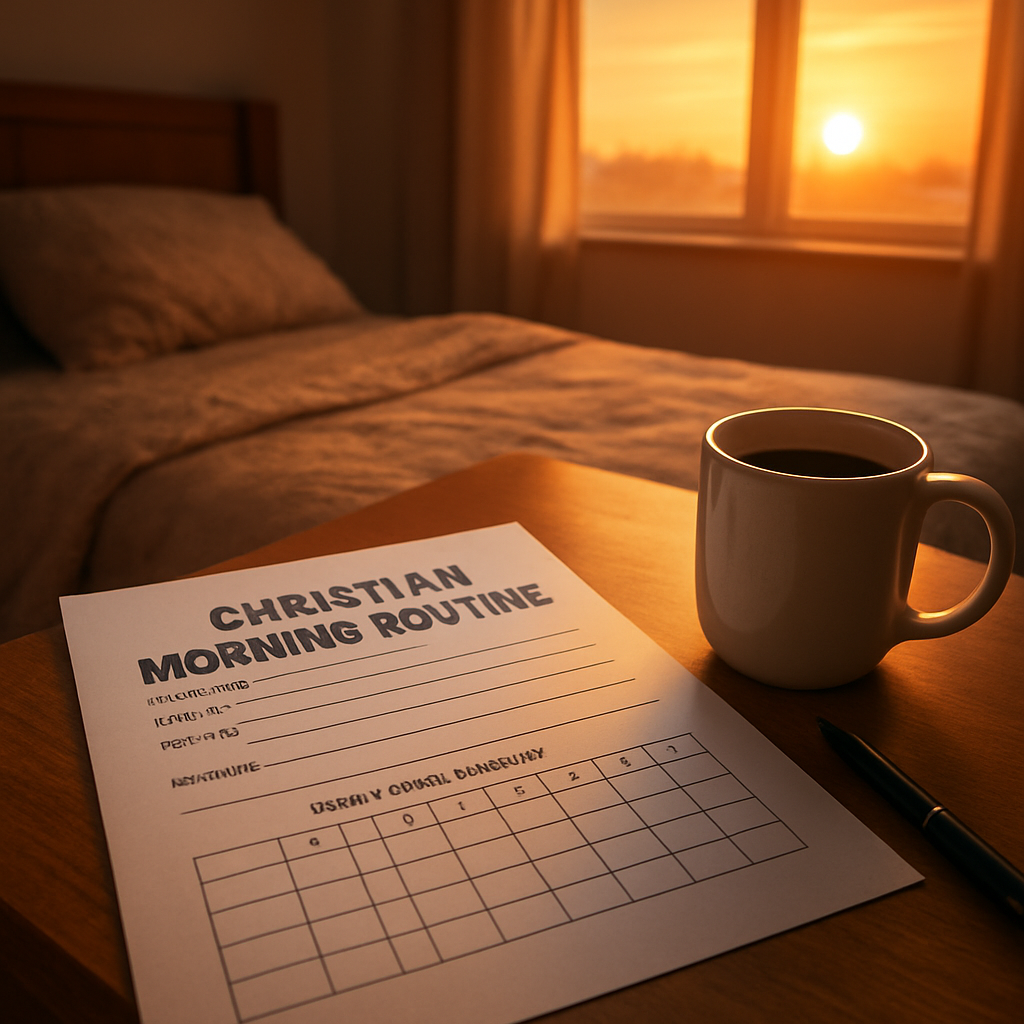 A cozy bedroom sunrise scene with a printable PDF sheet, a coffee mug, and a pen on a nightstand. Alt: Christian morning routine printable PDF with daily habit tracking.