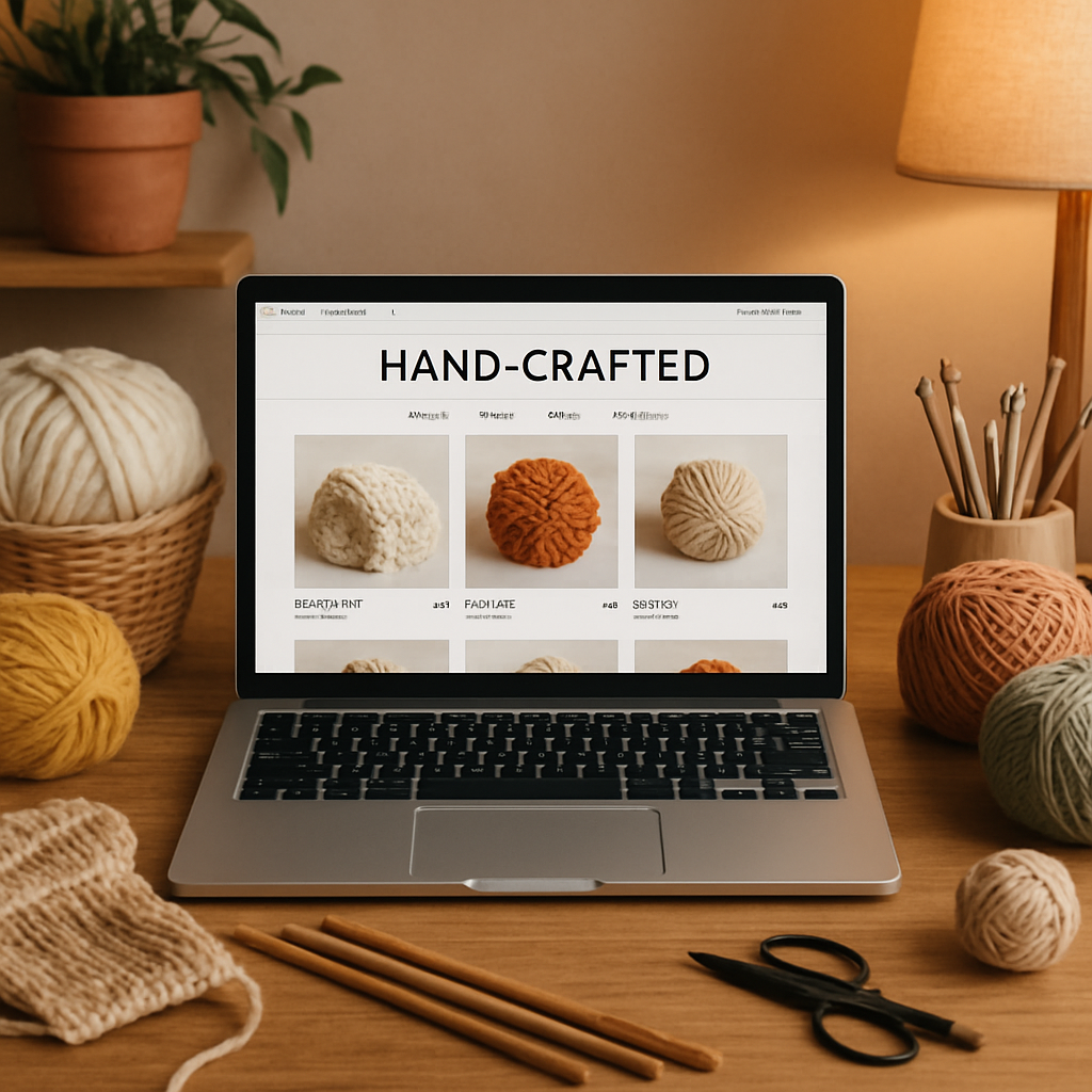A cozy home studio with a laptop displaying a clean online storefront, surrounded by yarn and tools. Alt: hand‑crafted online shop interface