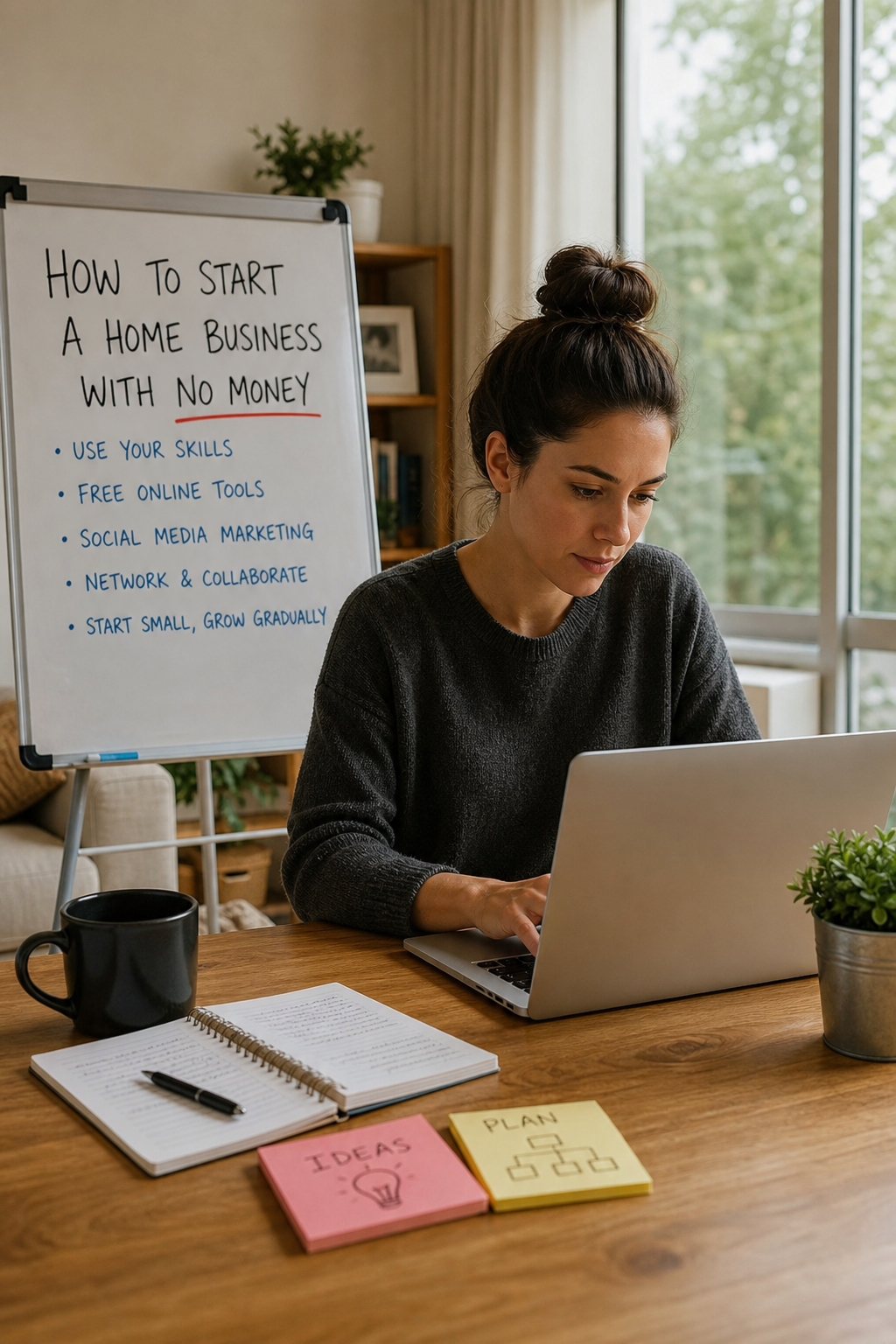 A photorealistic image related to how-to-start-a-home-business-with-no-money. Alt: how-to-start-a-home-business-with-no-money