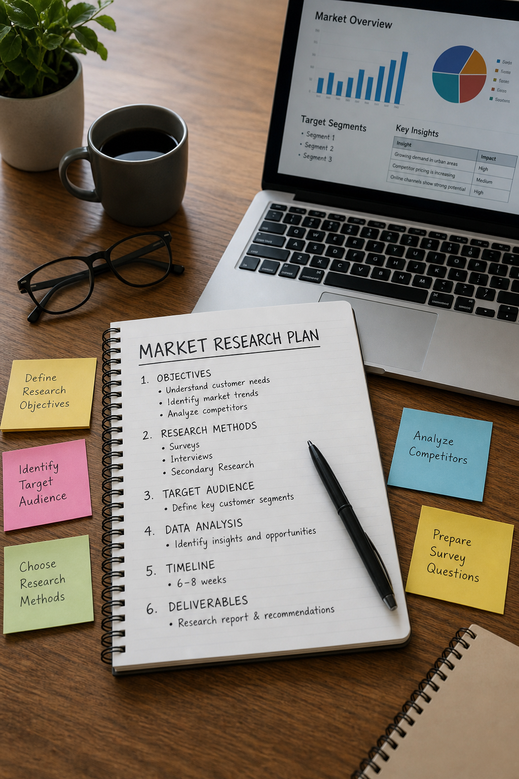 A descriptive prompt for an AI image generator in Realism style, related to the section content. Alt: Market research plan on a desk showing a notebook, laptop, and sticky notes.