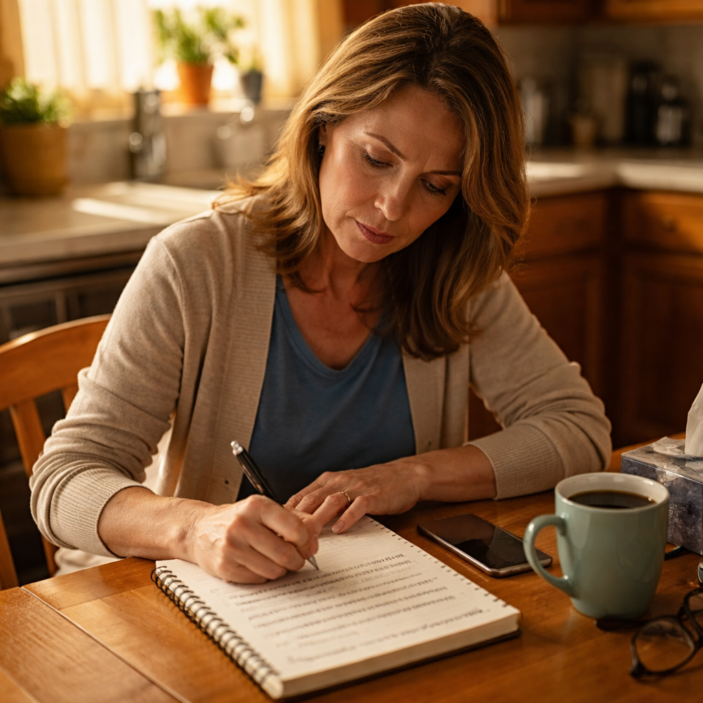 A photorealistic scene of a family member sitting at a kitchen table, notebook open, writing down specific observations of a loved one's behavior, warm natural lighting, realistic textures, showing focus and compassion. Alt: How to start an intervention – logging concrete observations.