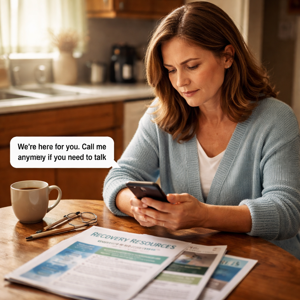 A photorealistic scene of a family member sitting at a kitchen table, phone in hand, sending a supportive text message after an intervention. Soft natural lighting, a calm atmosphere, and a printed resource packet visible on the table. Alt: Follow‑up support after an intervention, showing caring communication and resources.