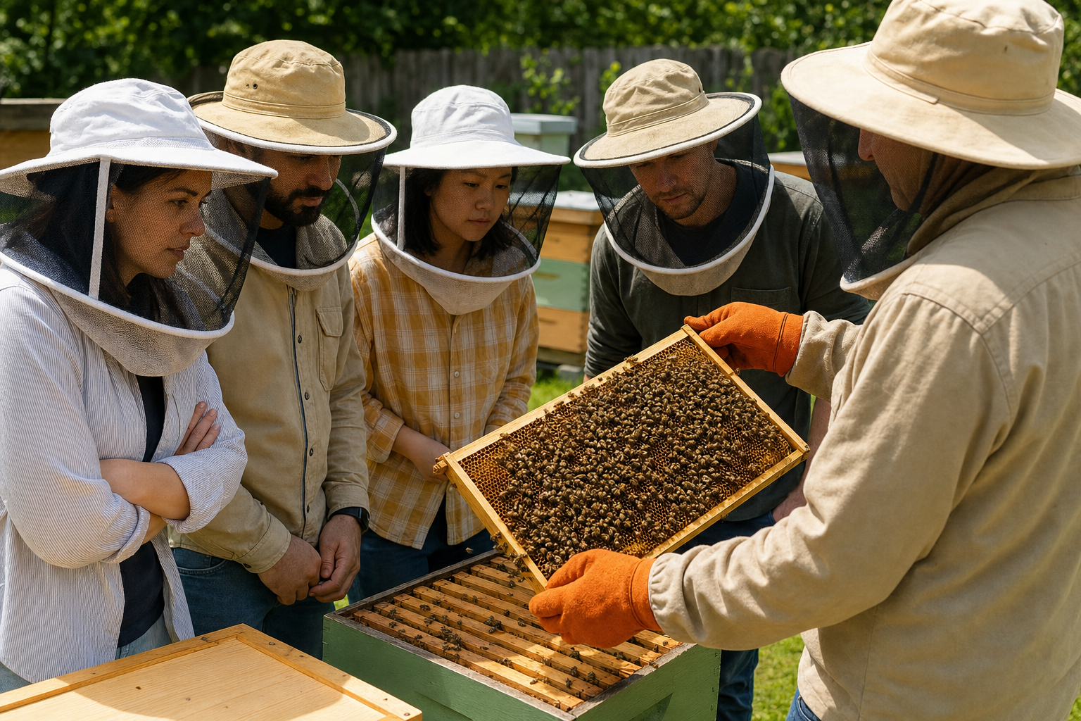 A realistic outdoor beekeeping workshop scene showing a small group of adults in protective veils examining a wooden hive frame covered in bees, in a sunny backyard bee yard with green grass and wooden hive boxes in the background