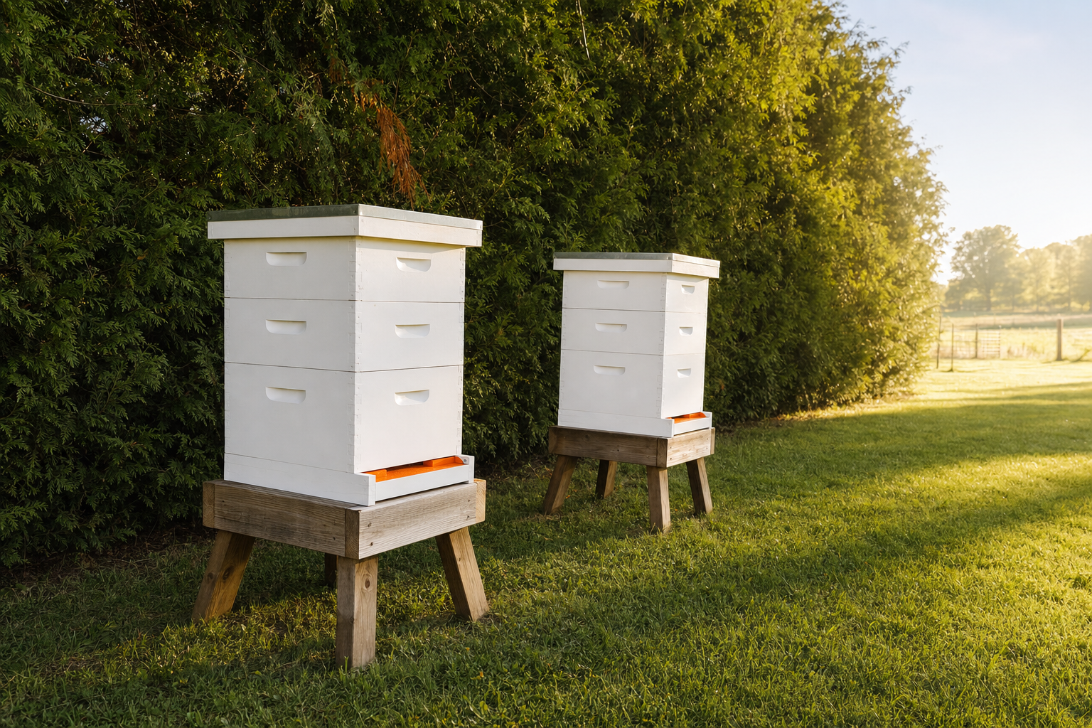 A realistic outdoor scene showing two white Langstroth beehives positioned on wooden stands in a rural backyard, facing southeast toward morning sunlight, with a dense hedgerow behind them acting as a windbreak and open lawn in front