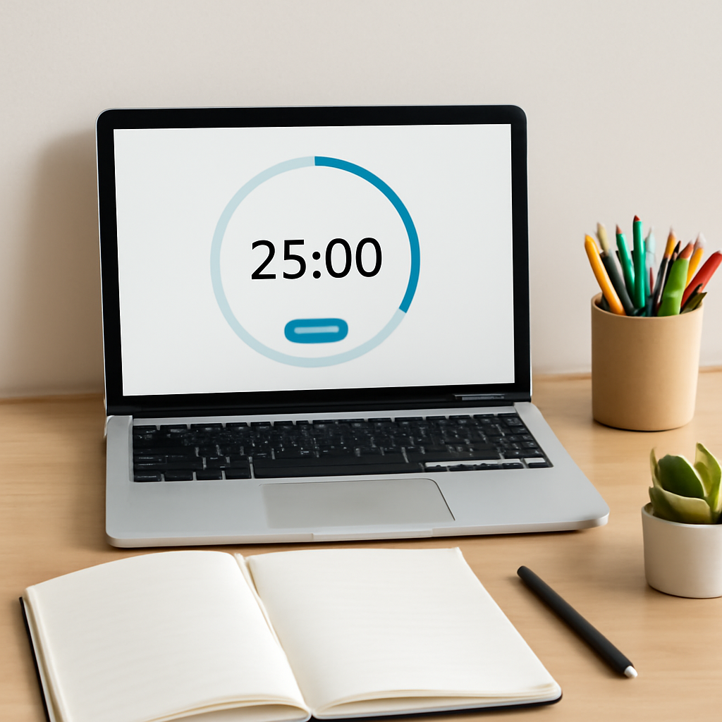 A tidy study desk with a laptop displaying a focus timer, a notebook, colored pens, and a small plant. Alt: Study workflow with integrated focus timer showing organized study materials.