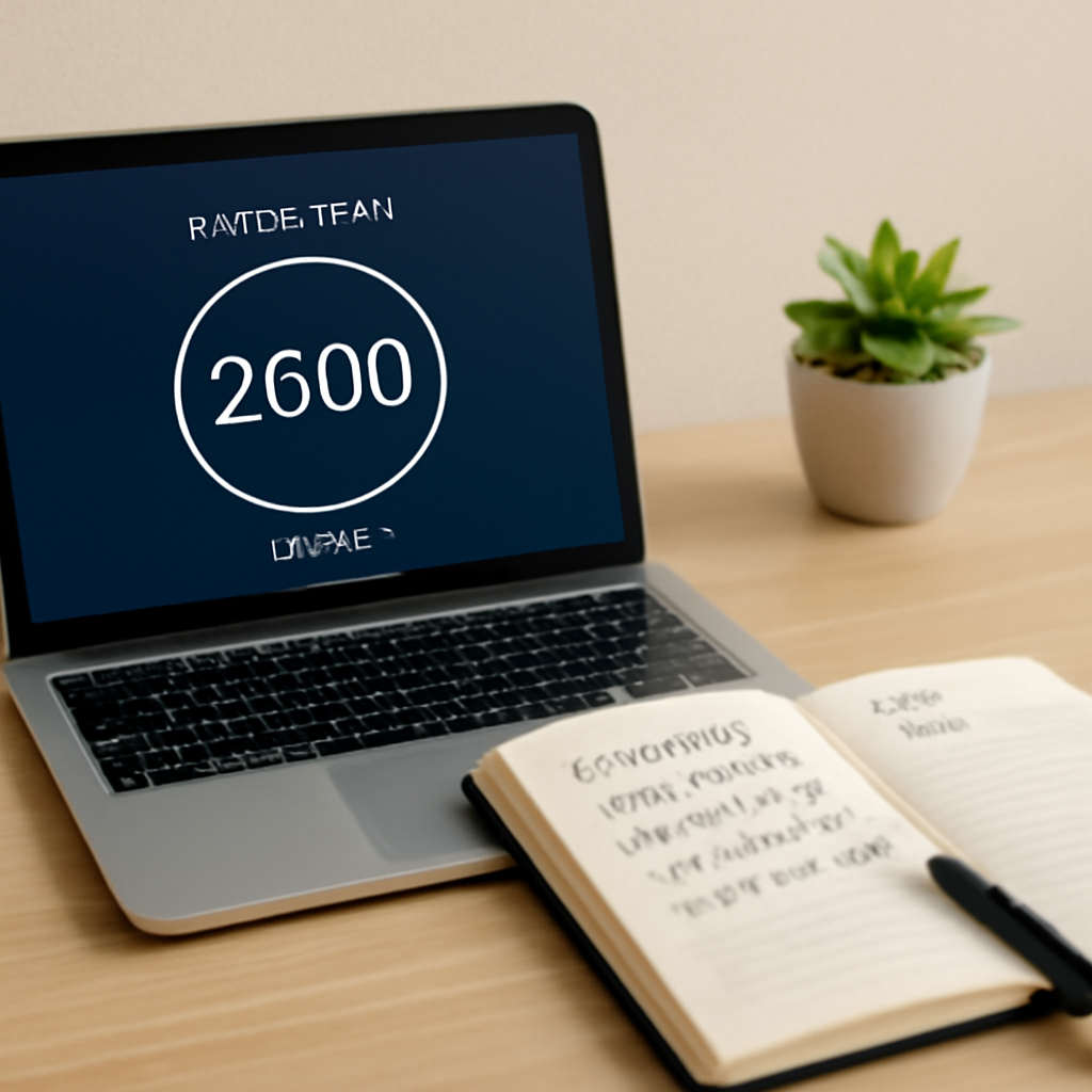 A tidy study desk with a laptop showing a focus timer app, a notebook with a handwritten log of work intervals, and a small plant. Alt: Student tracking study progress with a focus timer and handwritten notes.