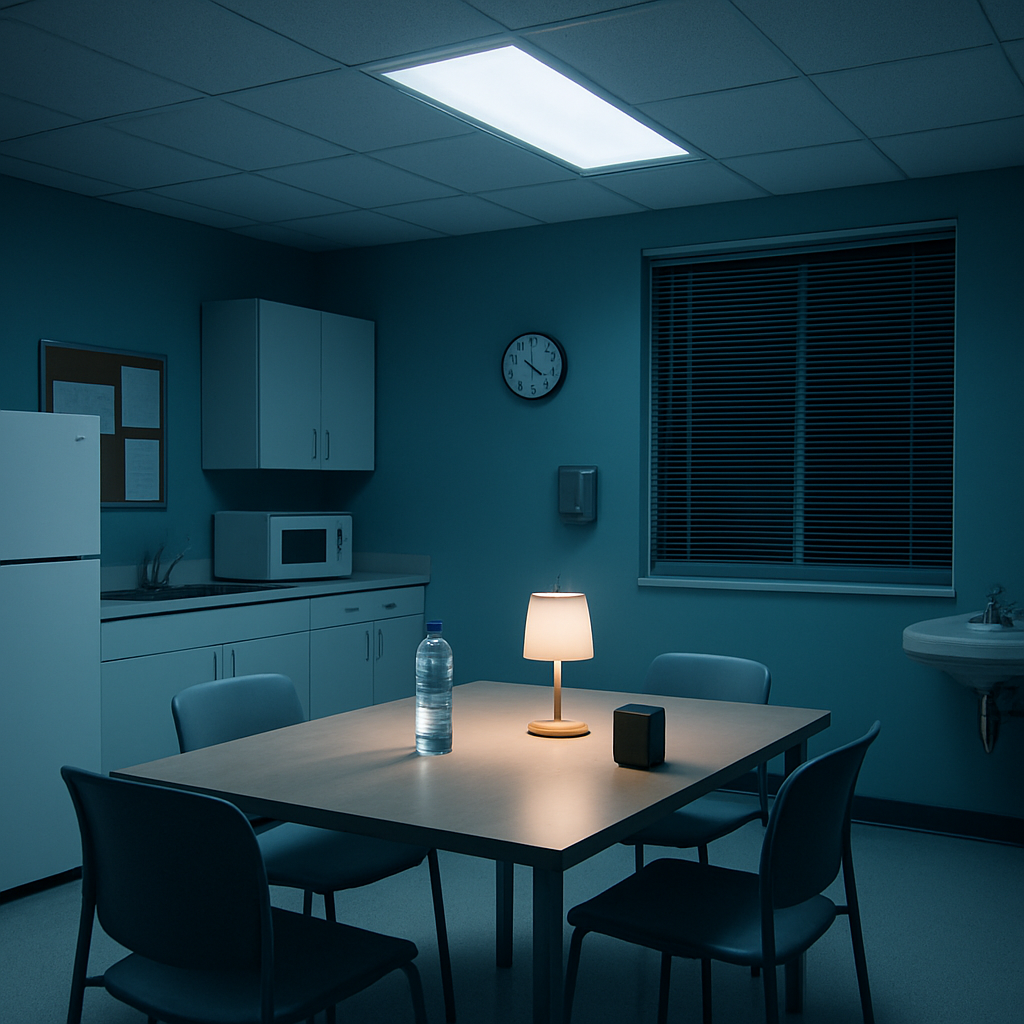 A calm, well‑lit hospital break room with cool‑white LED lights, a small lamp, a water bottle, and a subtle speaker playing soft ambient music. Alt: Optimized night‑shift environment for alertness
