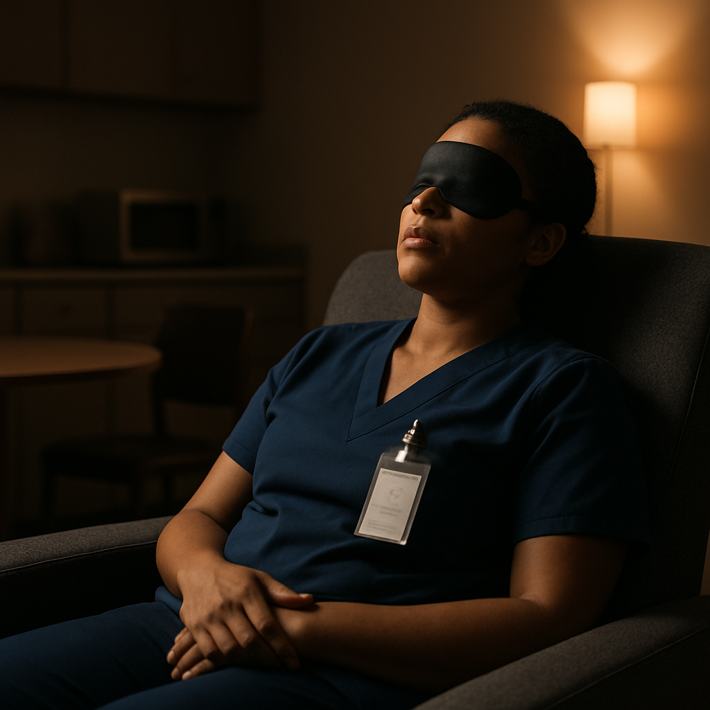 A night‑shift clinician taking a brief power nap in a dimly lit break room, showing a comfortable chair and a sleep mask. Alt: Power nap technique for night‑shift workers.