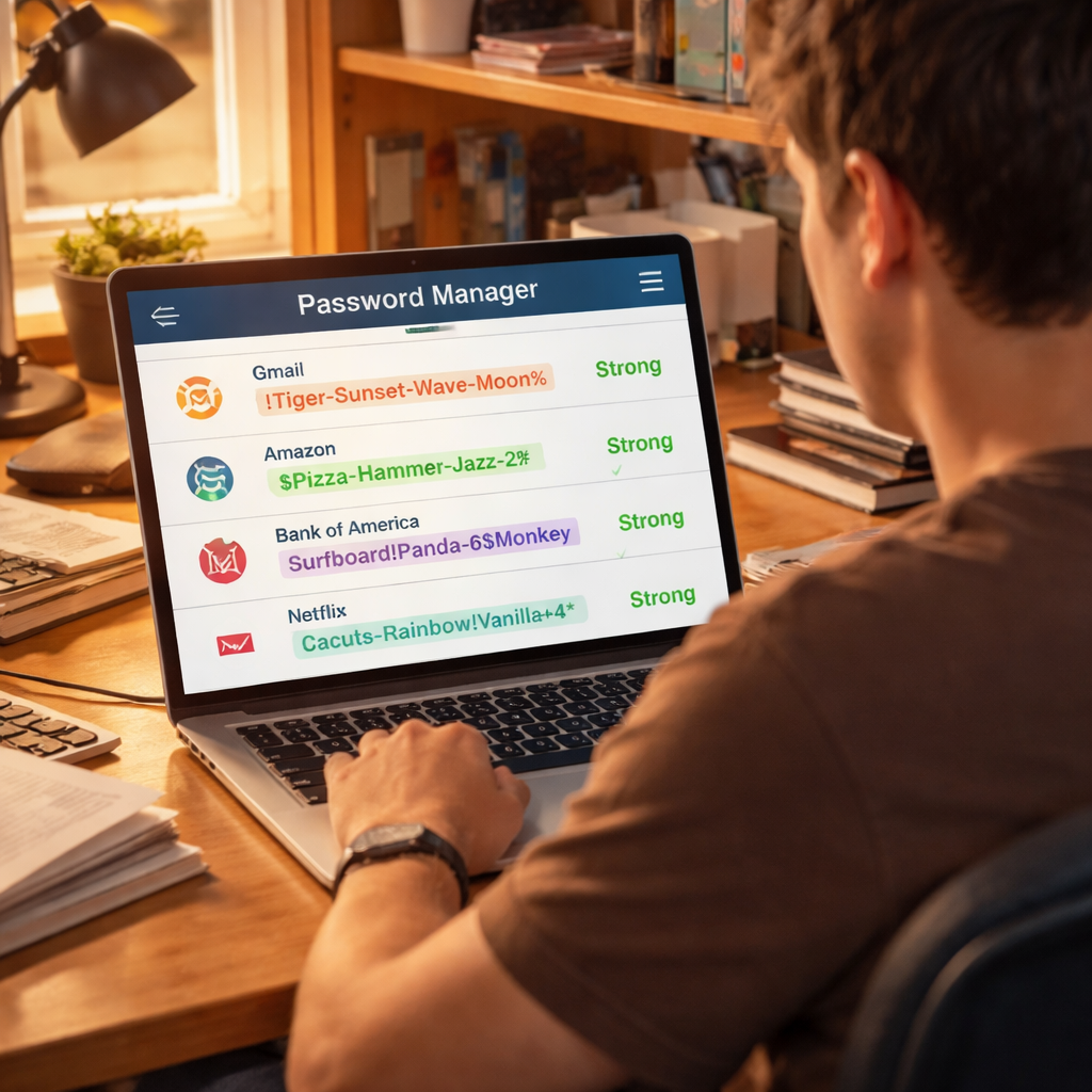A photorealistic scene of a college student sitting at a dorm desk, laptop open, displaying a password manager app with strong, colorful passphrases, soft natural lighting, realistic style. Alt: Strong password manager example for staying safe online.