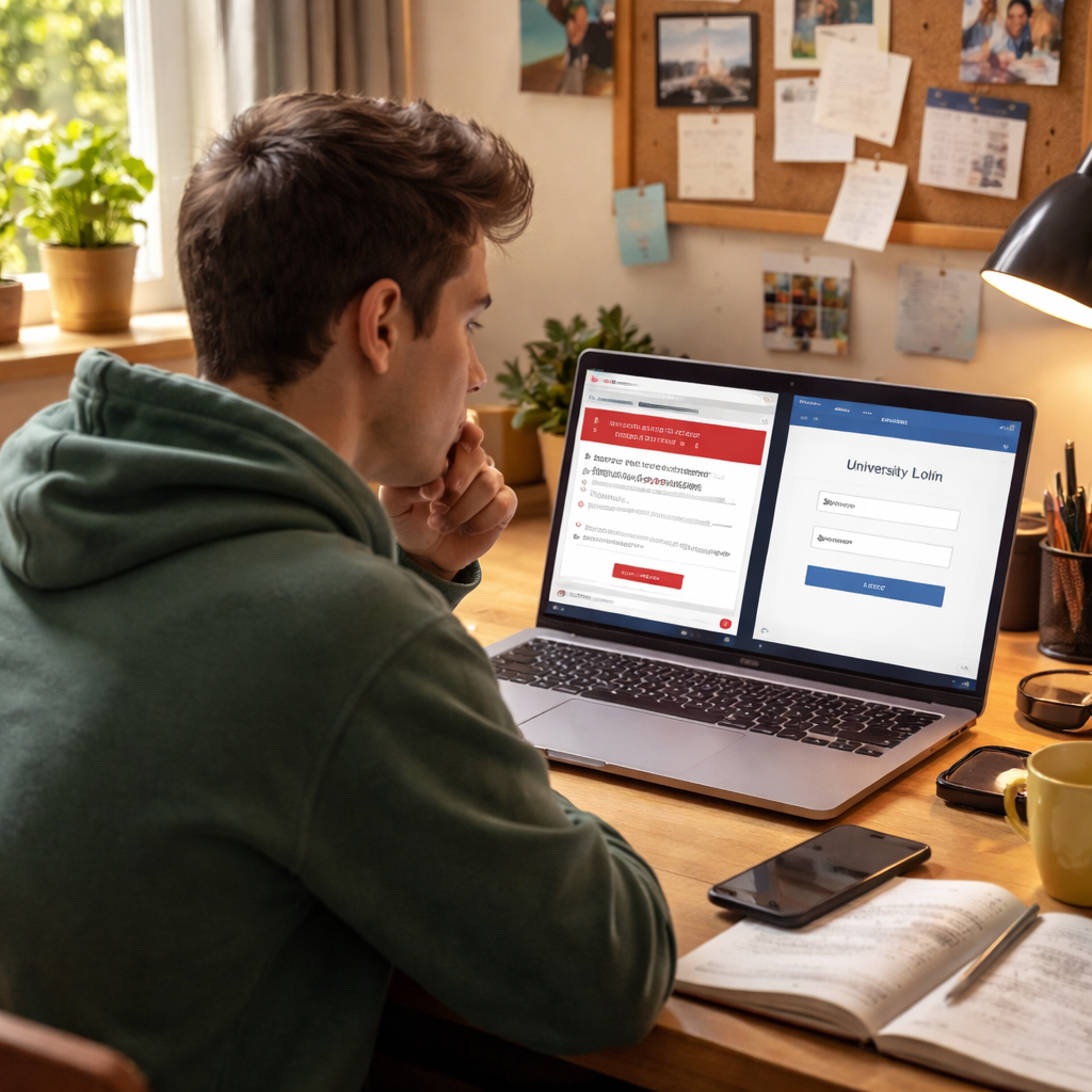 A photorealistic scene of a college student at a desk, laptop showing a suspicious email and a legitimate login page side by side, natural daylight, cozy dorm-room setup. Alt: College student recognizing phishing attempts to stay safe online.