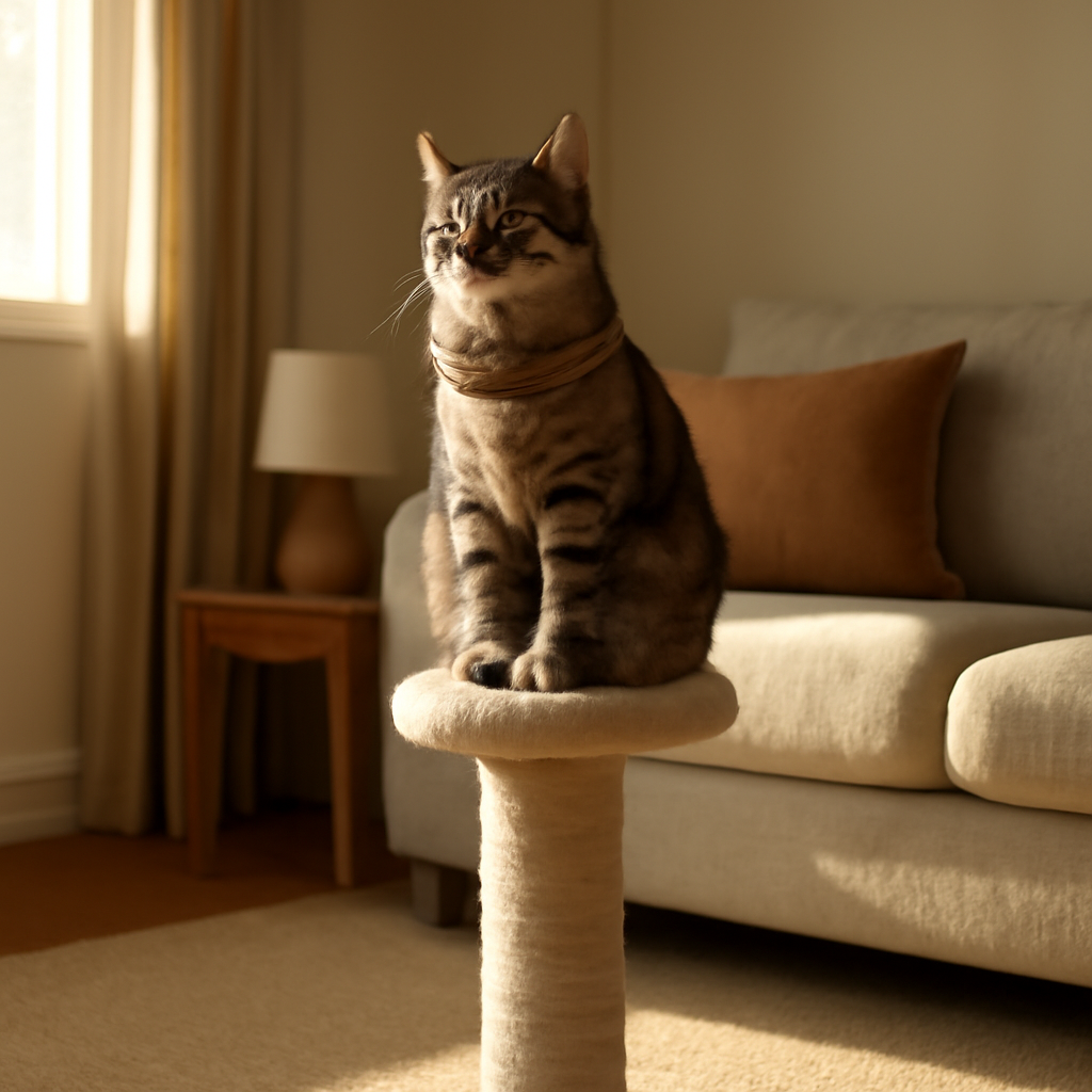 A cozy living room with a cat perched on a scratching post, sunlight streaming in, sofa visible, cat looking content. Alt: cat enjoying a scratching post in living room