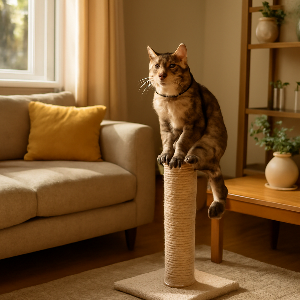 A cozy living room with a cat perched on a sisal‑wrapped scratching post, sunlight filtering through a nearby window. Alt: cat using scratching post in living room.