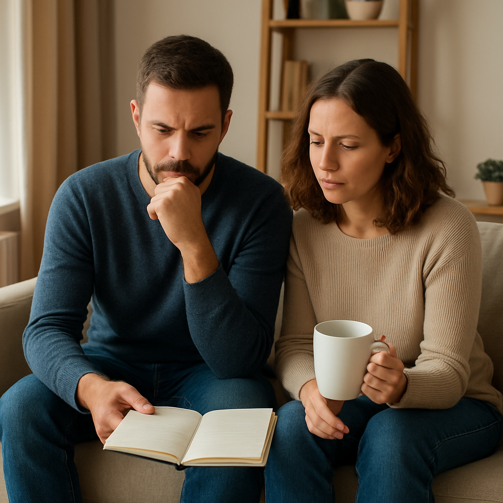 A cozy living room scene where a couple is sitting on a couch with a notebook and a cup of tea, both looking thoughtful. Alt: Identify common relationship triggers with a calm notebook exercise.