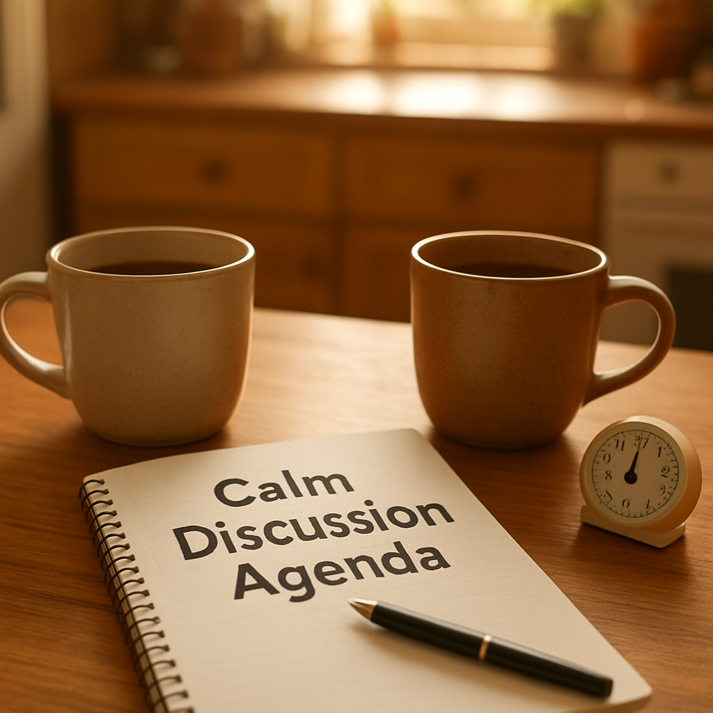 A warm, sun‑lit kitchen table with two coffee mugs, a notebook titled “Calm Discussion Agenda,” and a small timer. Alt: Couples scheduling calm discussions to reduce arguments.