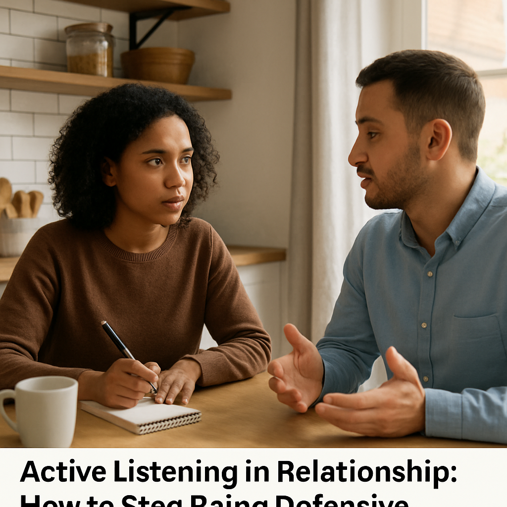 A couple sitting at a kitchen table, one partner actively listening with eye contact and a notepad, the other speaking calmly. Alt: active listening in relationship, how to stop being defensive in a relationship.