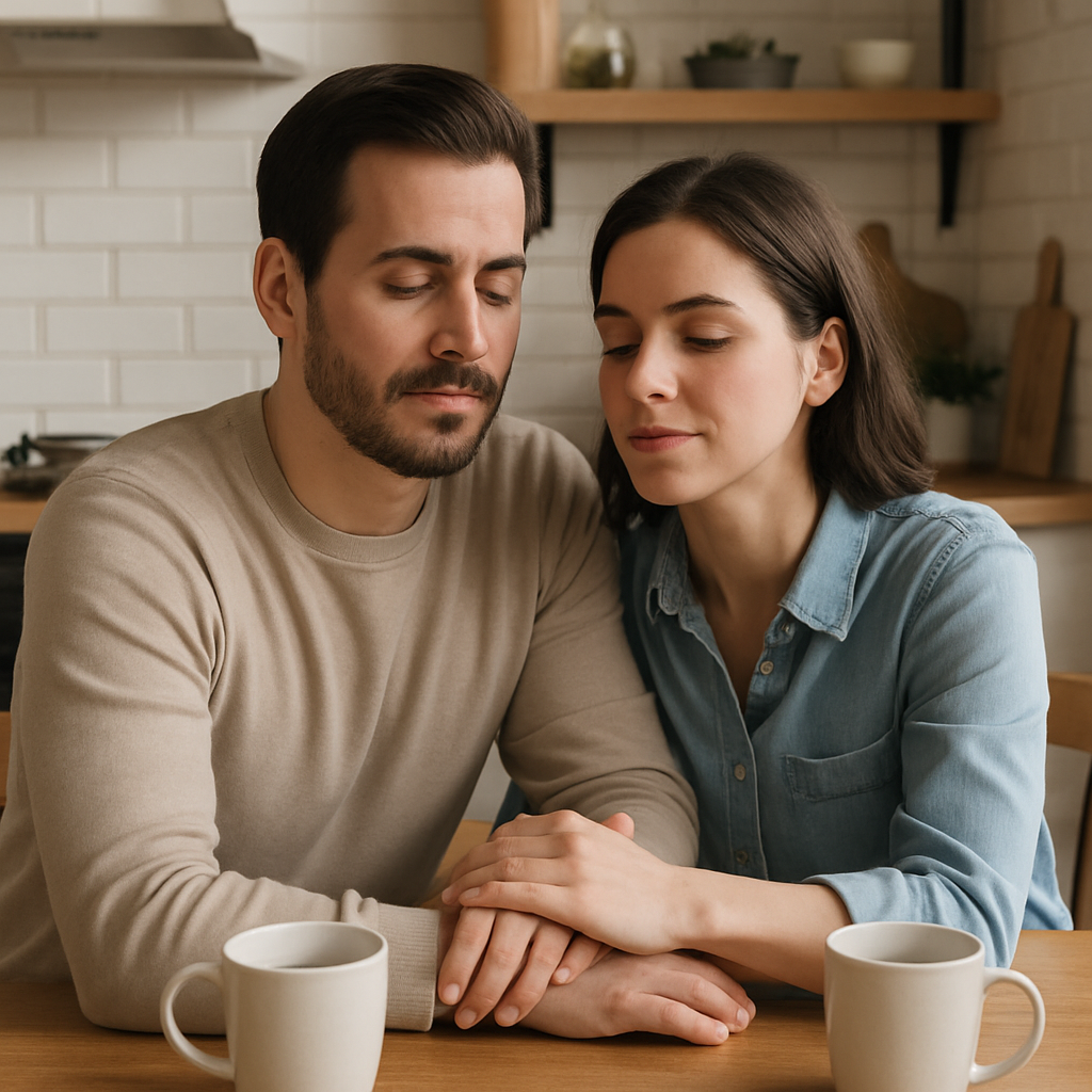 A couple sitting at a kitchen table, one hand gently placed on the other's forearm, both breathing slowly together. Alt: Taking a pause before responding helps couples stop being defensive in a relationship.
