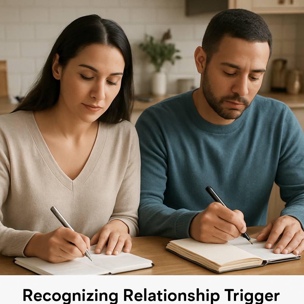 A calm couple sitting at a kitchen table, each with a notebook, noting down emotional triggers. Alt: Recognizing relationship trigger moments for better communication