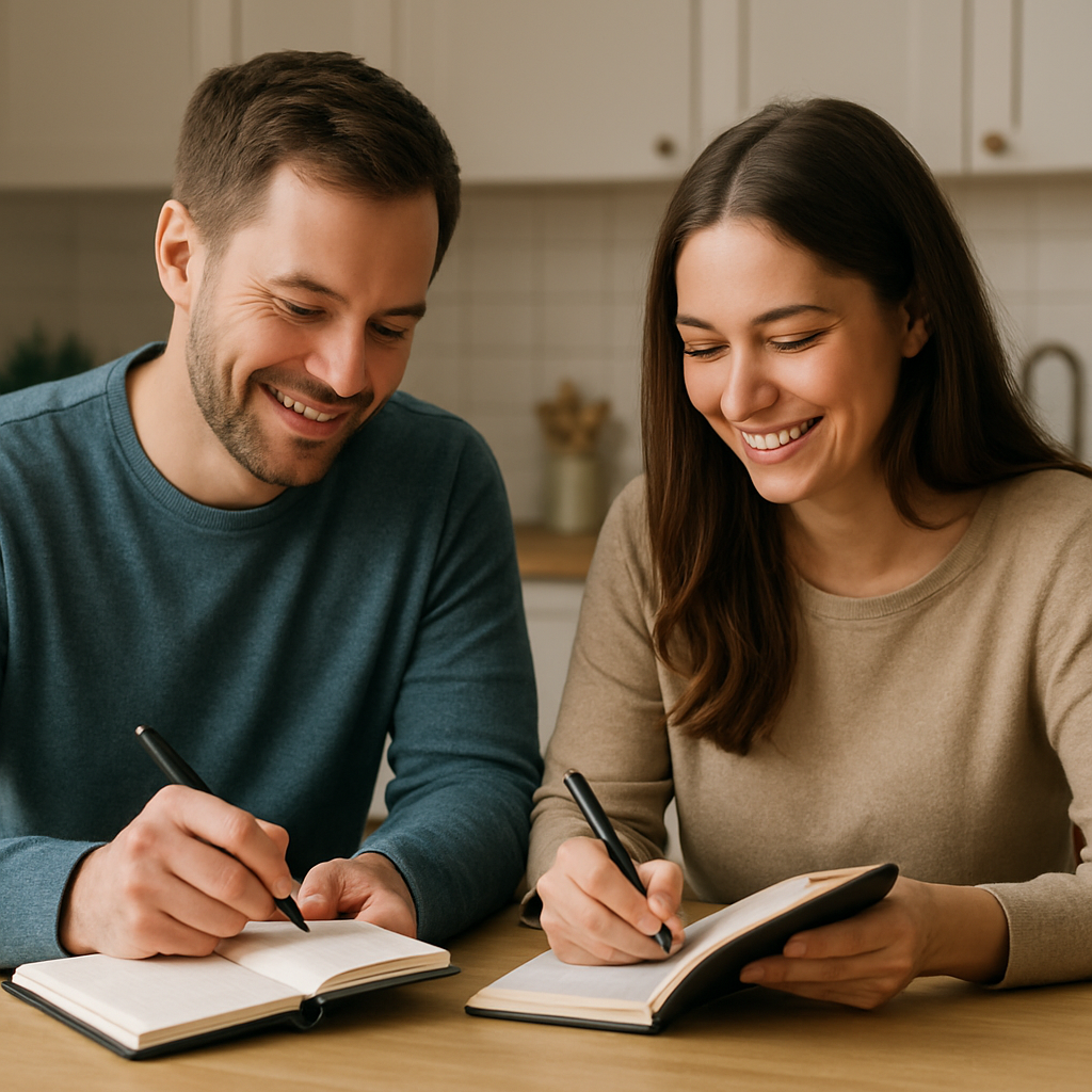 A couple sitting at a kitchen table, each holding a notebook, smiling as they write down thoughts together. Alt: Recognizing passive‑aggressive patterns in a relationship, couples journaling together for clearer communication.