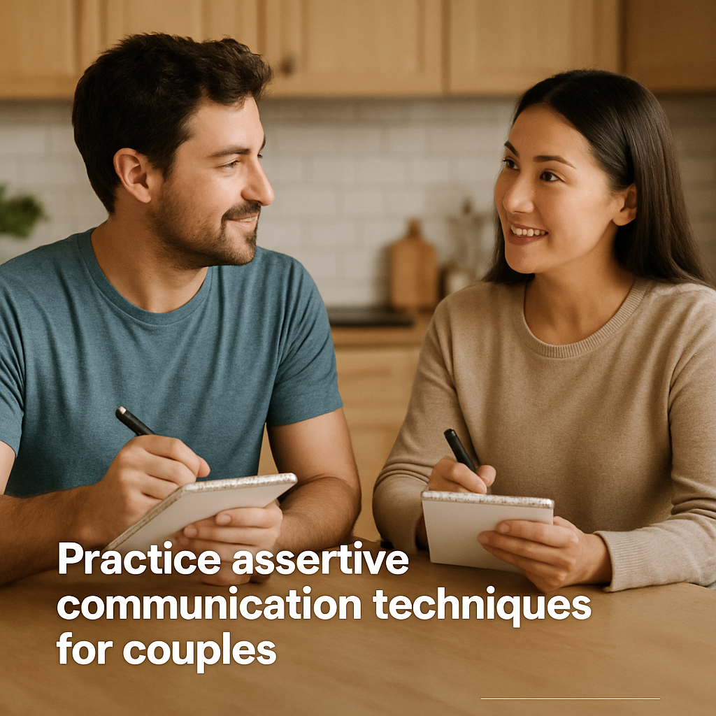 A couple sitting at a kitchen table, each holding a notepad, practicing assertive statements together. Alt: Practice assertive communication techniques for couples
